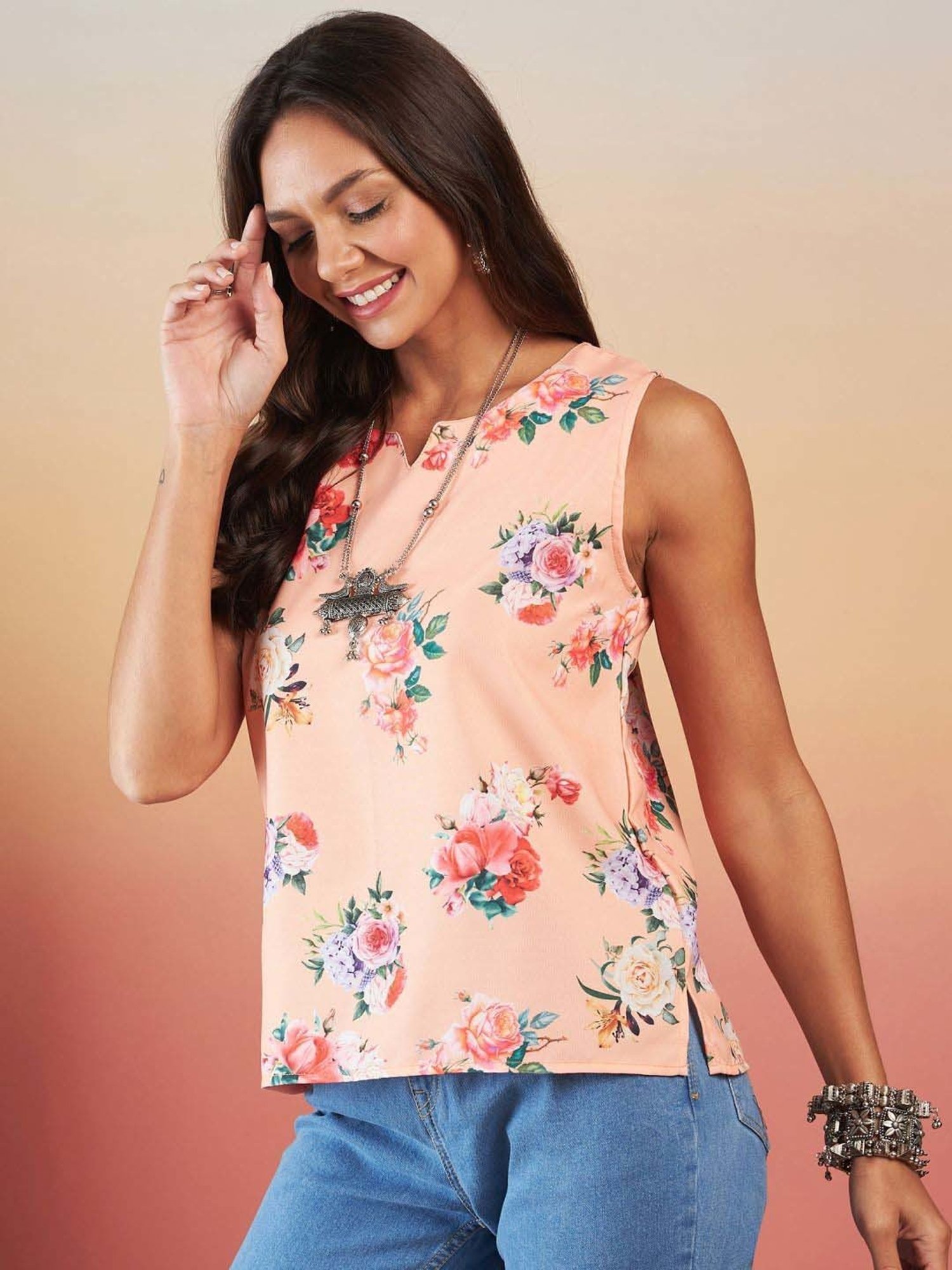Inweave Peach Floral Print Top