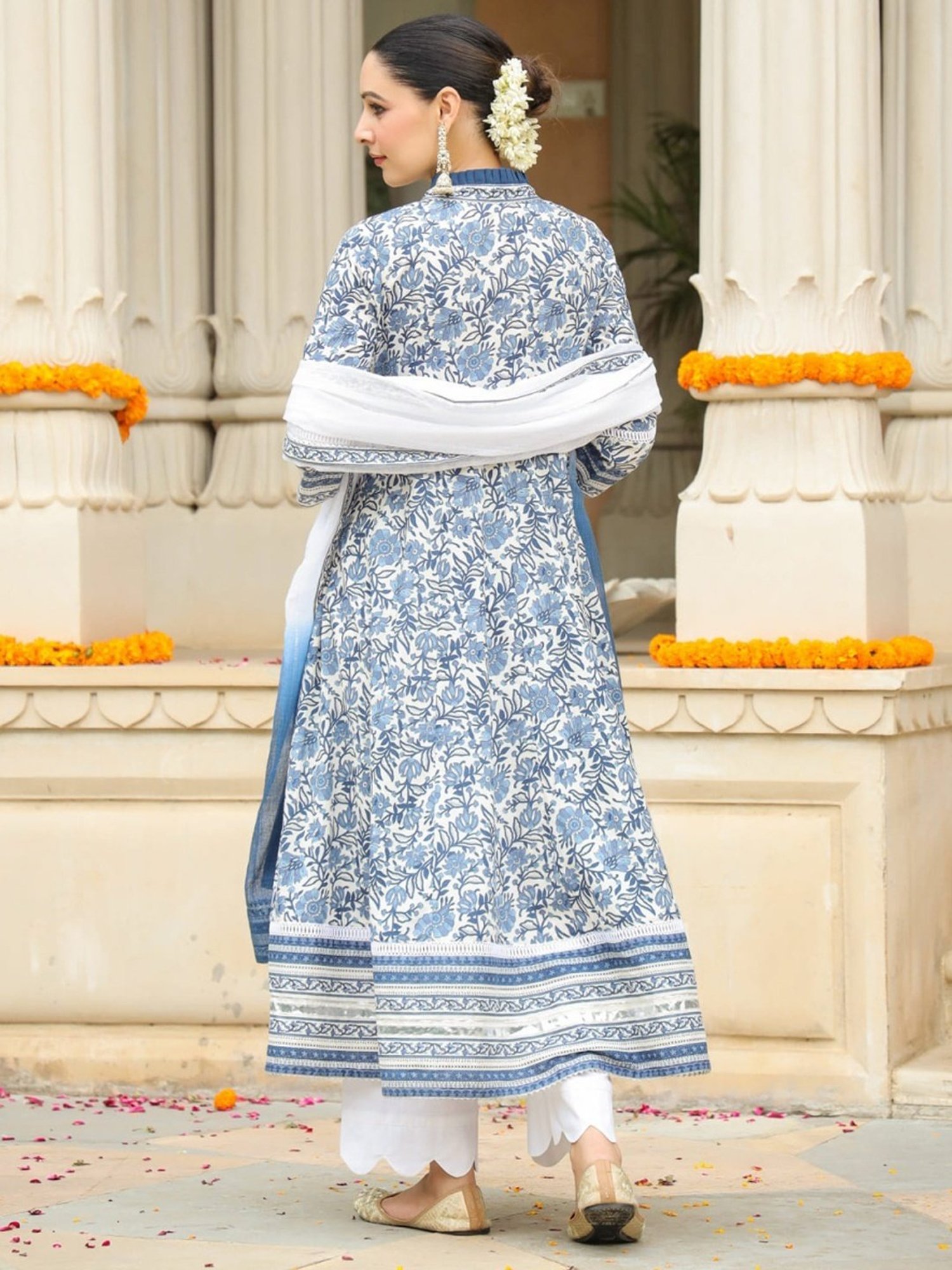 Rain and Rainbow Blue Cotton Floral Print Kurta Pant Set With Dupatta