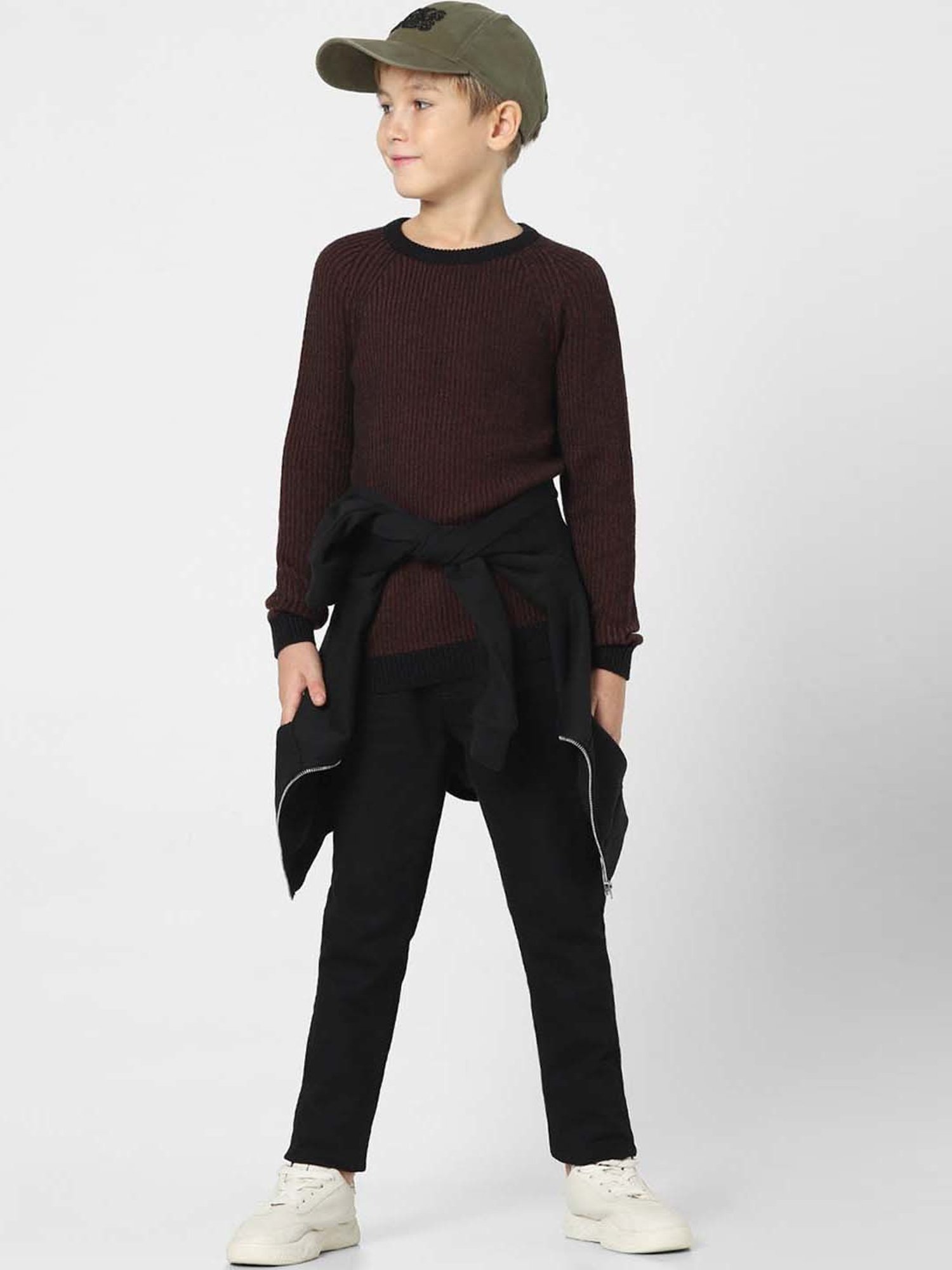 Jack & Jones Junior Maroon & Black Printed Full Sleeves Sweater