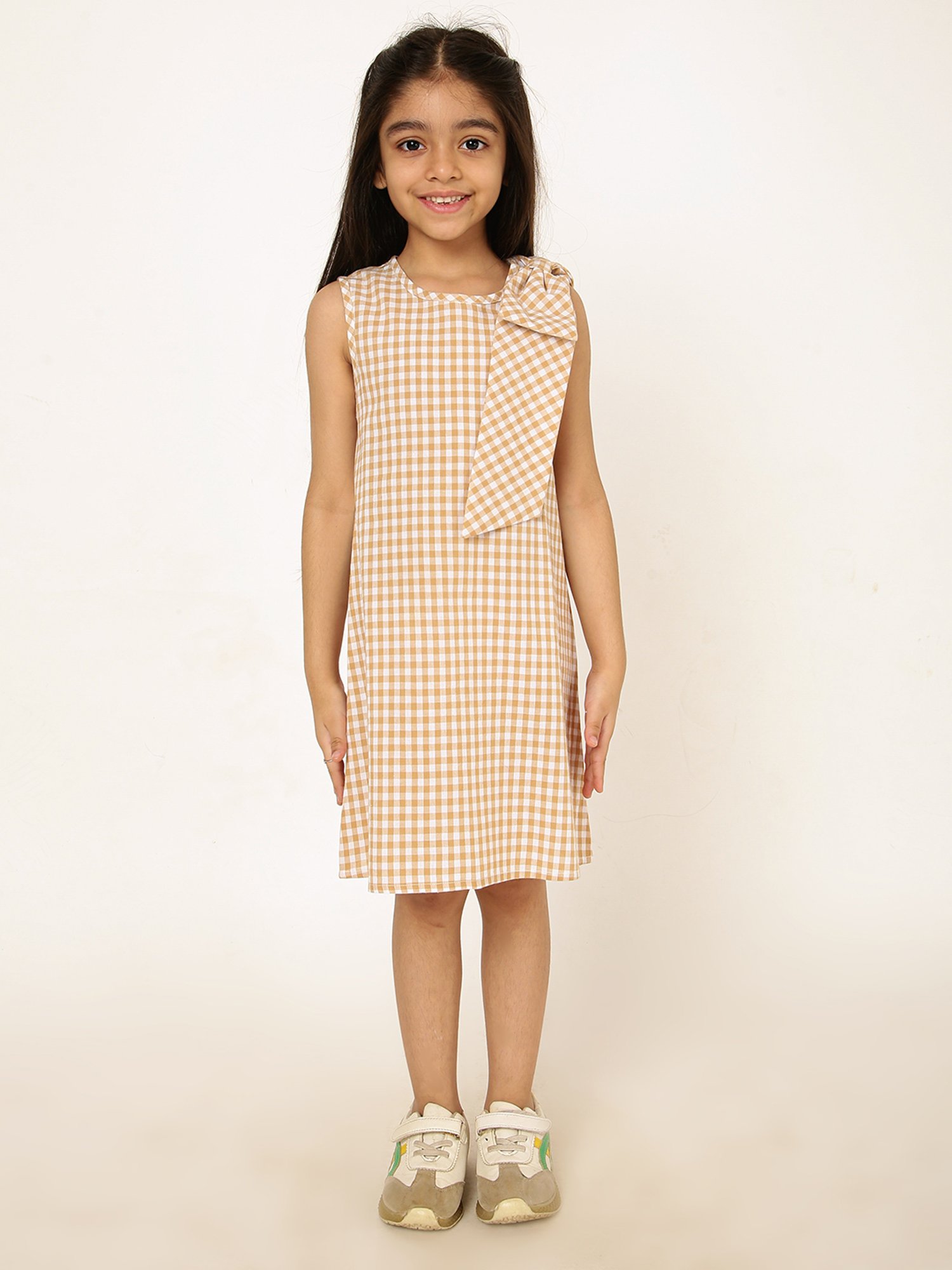A Little Fable Girls Beige Checks Dress