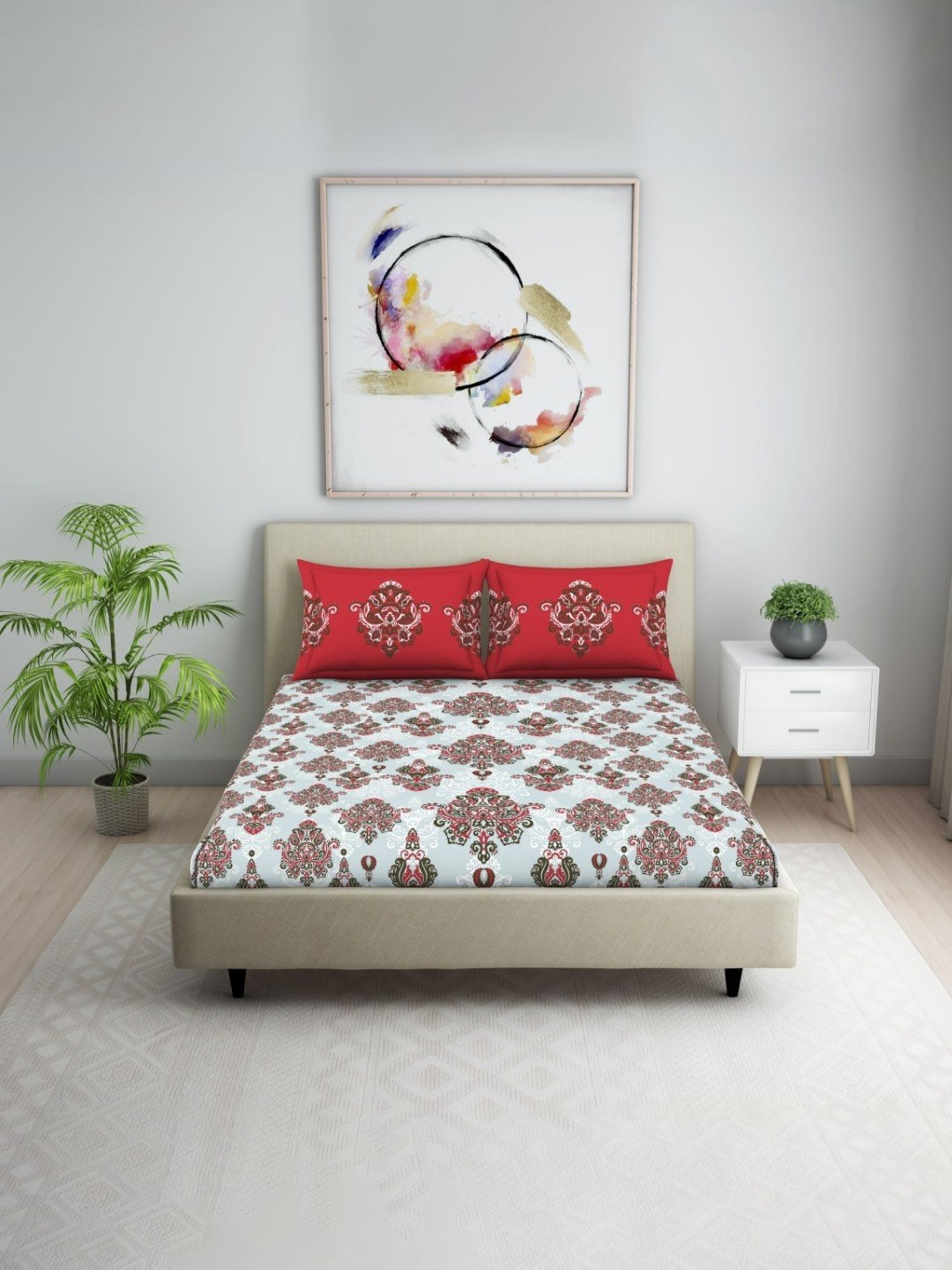 Welspun Red 144 TC Cotton Queen Bed Sheet with 2 Pillow Covers