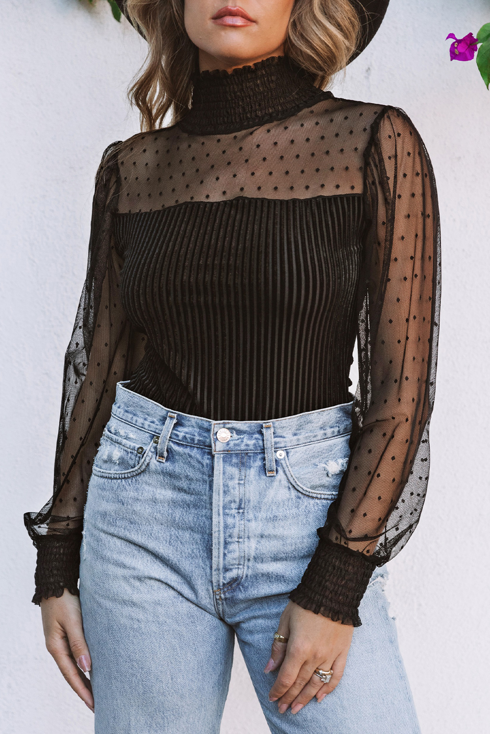 Black Ruffled Mesh Patchwork Slim Fit Bodysuit