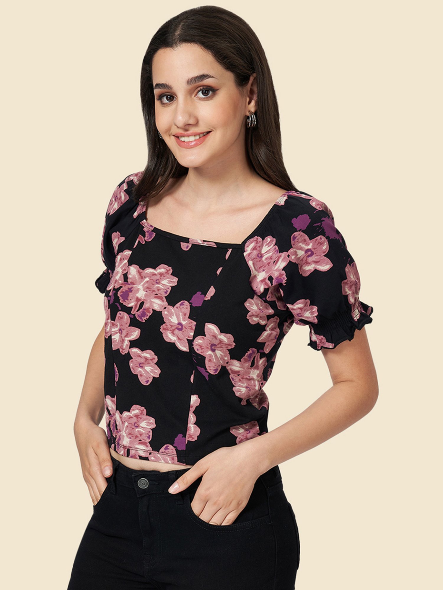 YU by Pantaloons Black & Purple Cotton Floral Print Top