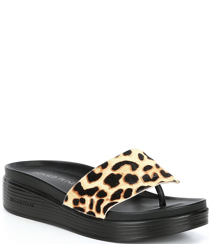 Donald Pliner Fifi Leopard Print Calf Hair Platform Wedge Thong Slides