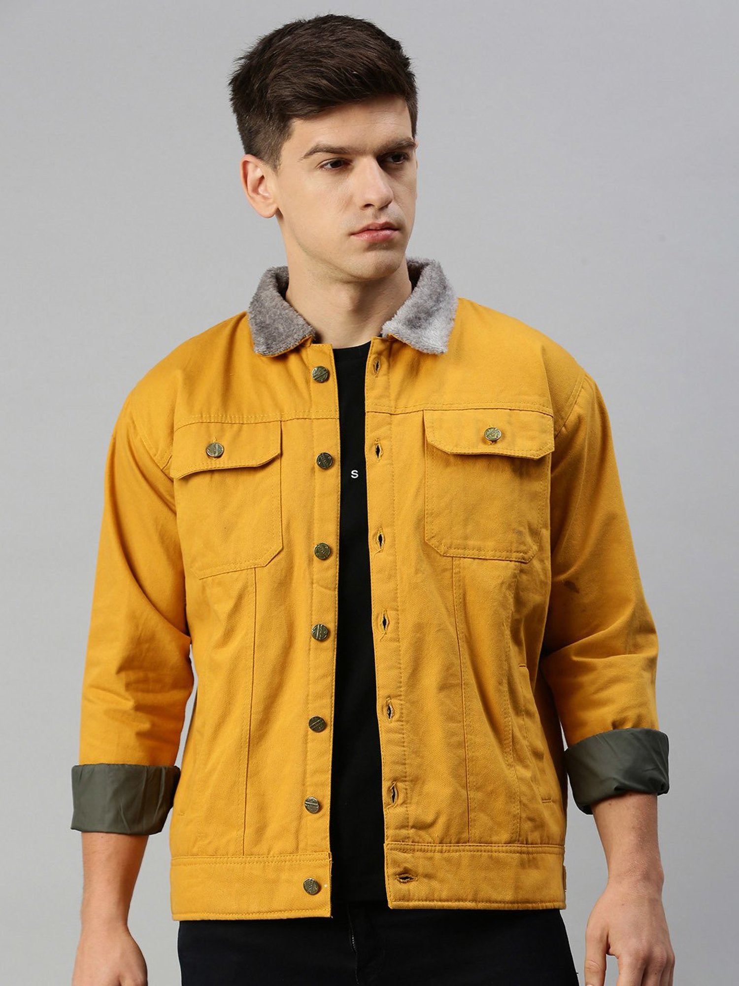 VOXATI Yellow Regular Fit Shirt Collar Denim Jacket