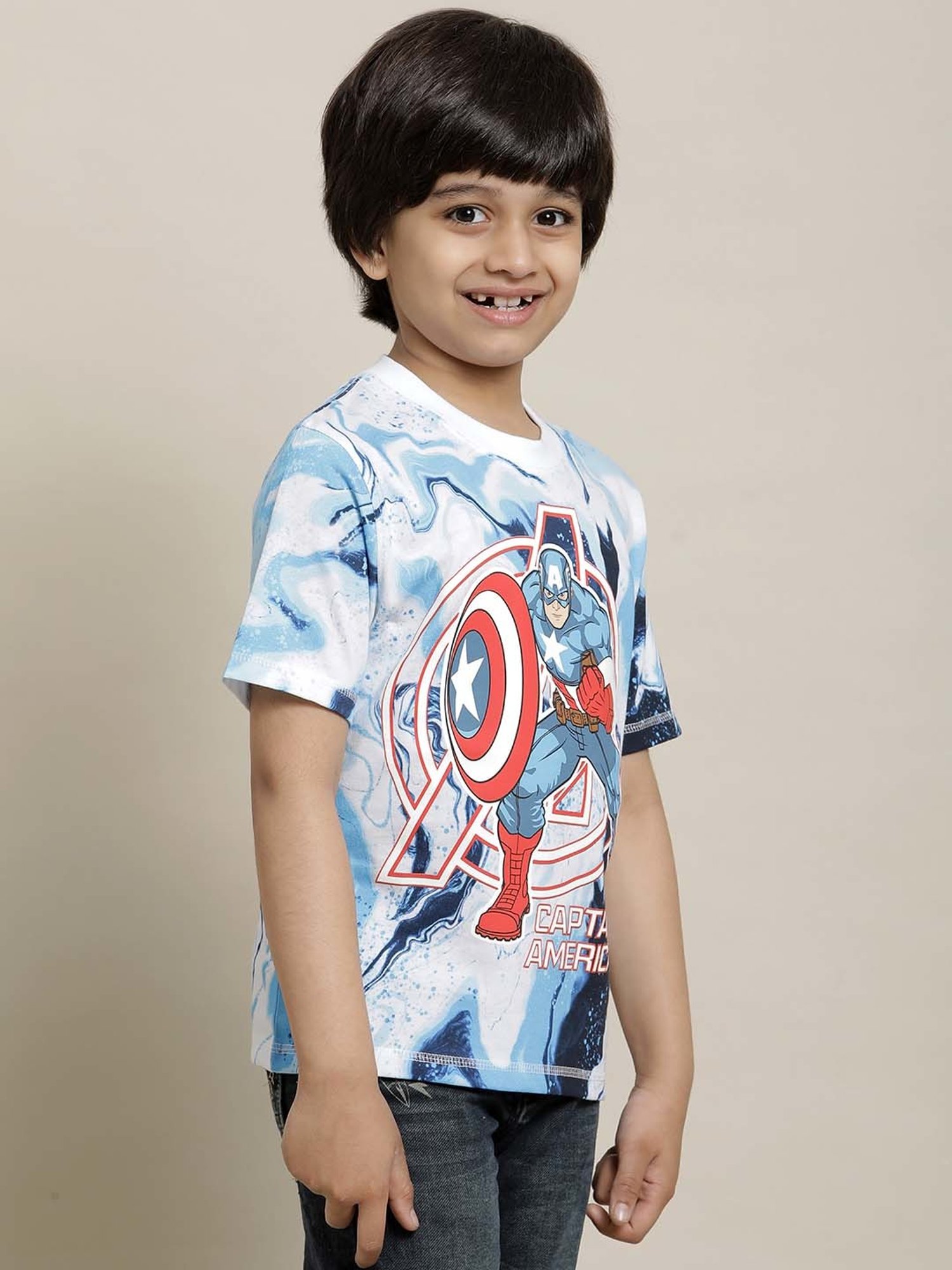Kidsville Blue & Red Cotton Printed Captain America T-Shirt