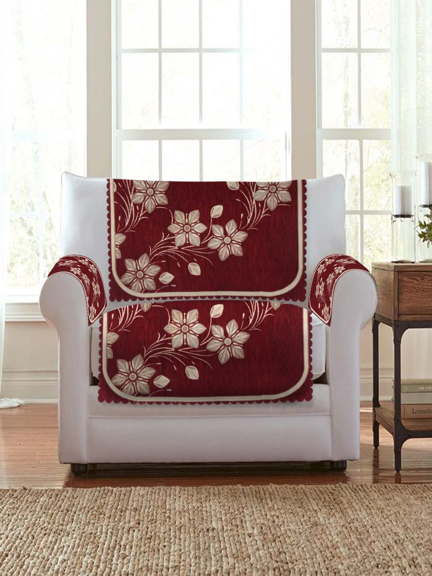 HOSTA HOMES Maroon & Beige Velvet Sofa Cover With Arm Rest - Set of 16