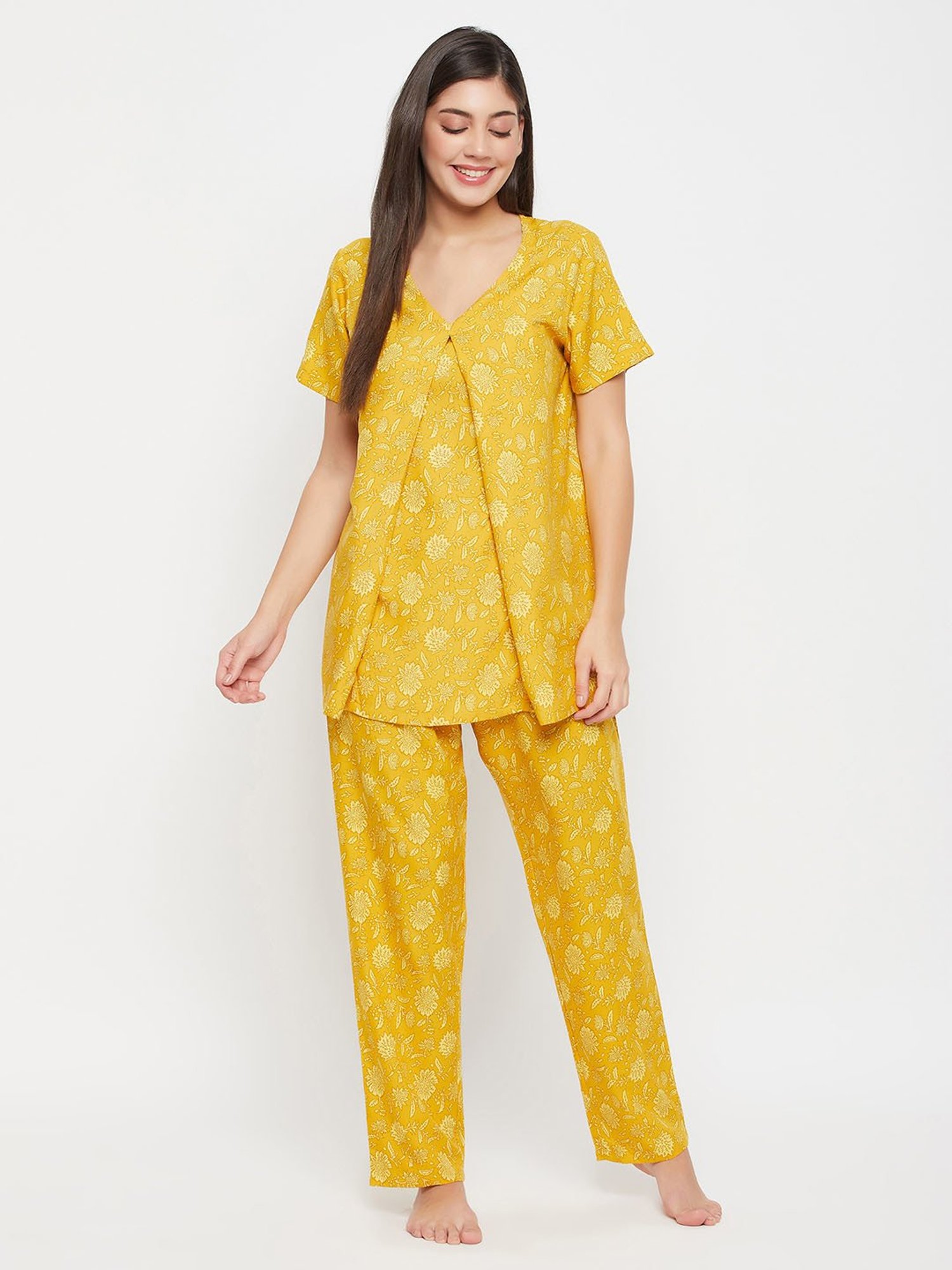 Clovia Yellow Floral Print Maternity Top With Pyjamas
