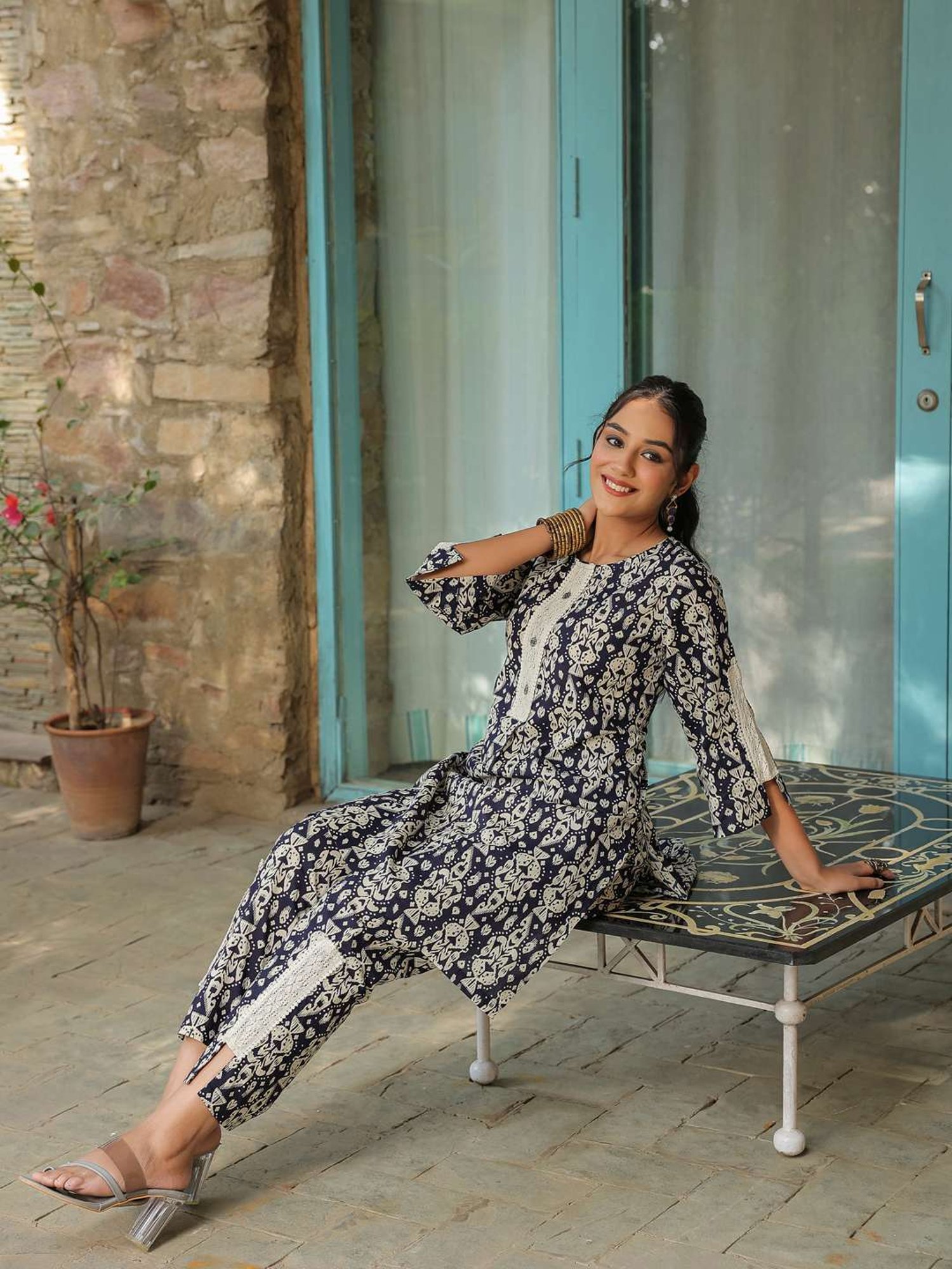 Rain and Rainbow Navy Cotton Printed Kurti & Pant Set