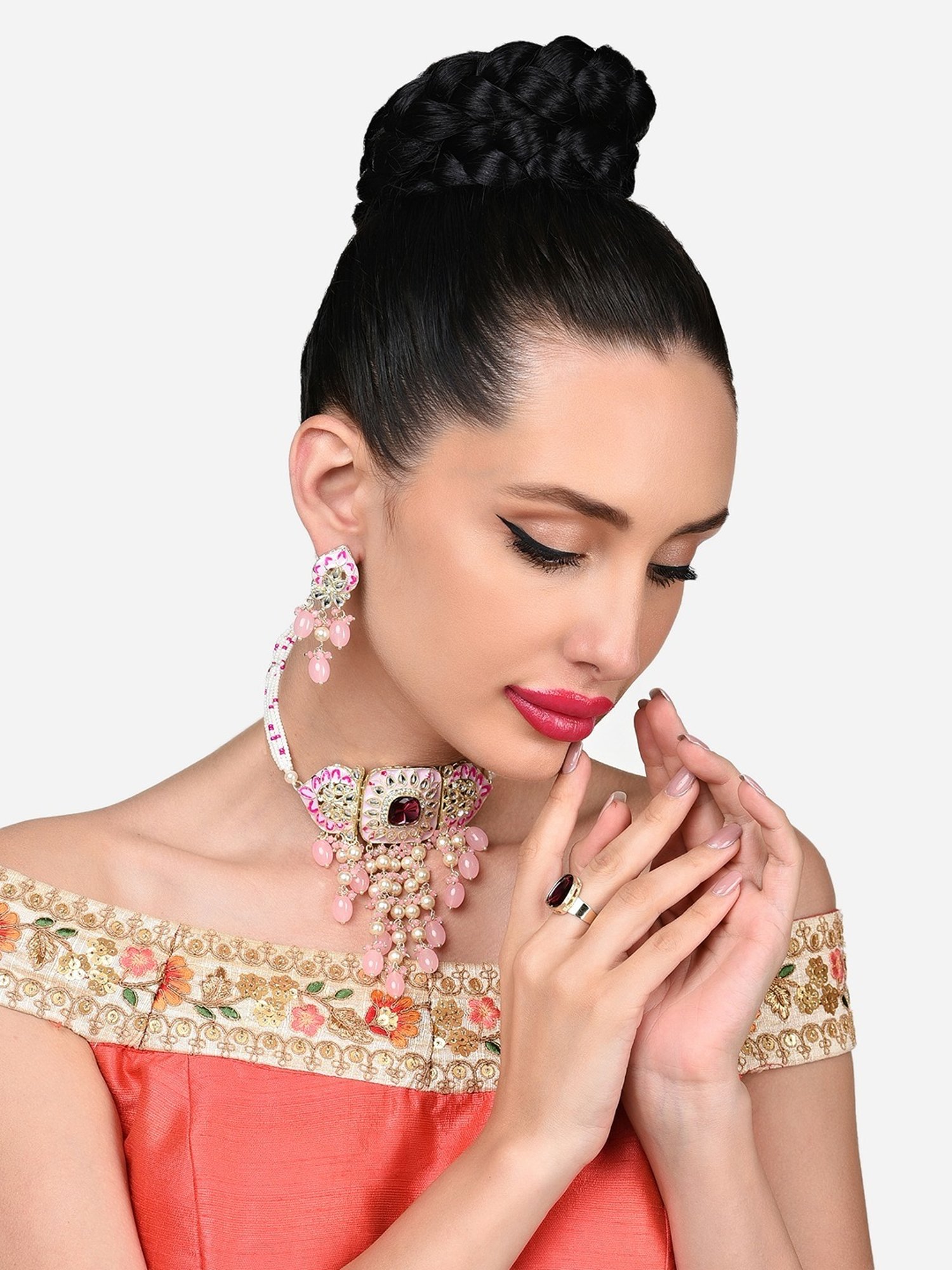 Zaveri Pearls Pink Meenakari Cascading Waterfall Choker Necklace Earring & Ring Set-ZPFK15895