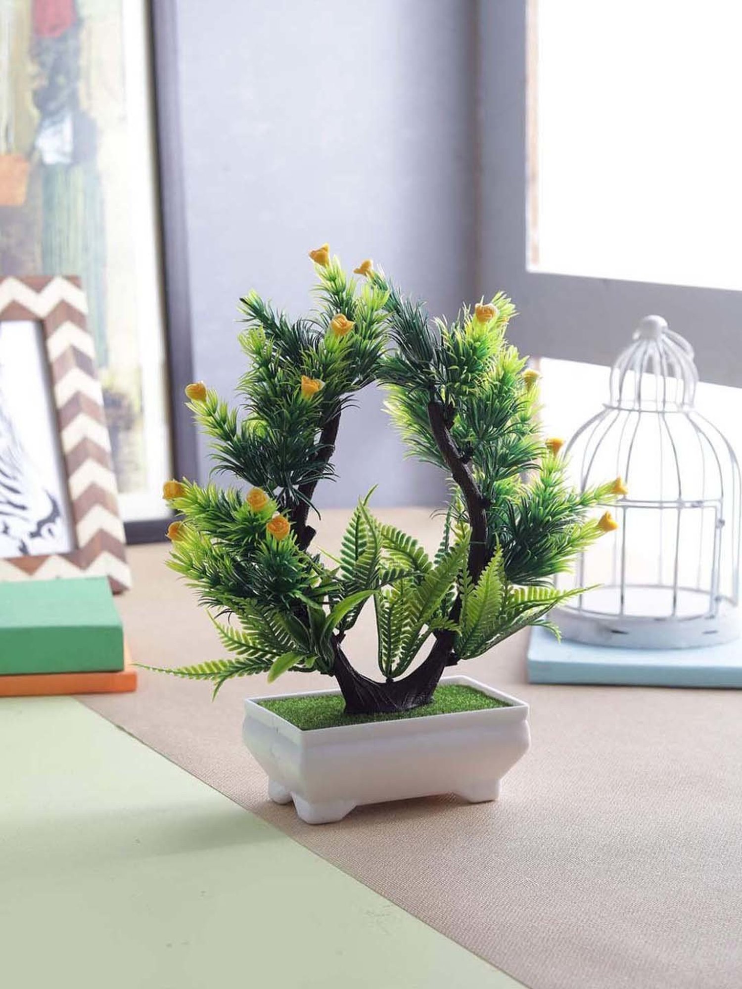 Foliyaj Yellow & Green Plastic Artificial Plant With Small Flowers