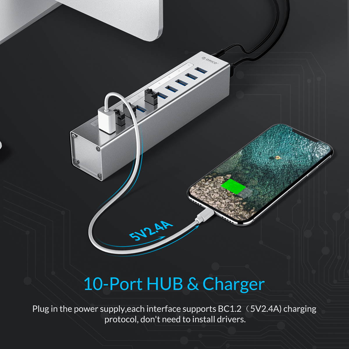 ORICO Aluminum 10Ports USB 3.0 HUB with 3.3Ft. USB 3.0 Data Cable and 12V/3A Power Supply for Macbook,PC,Laptops (HUB is not a Charger,Data transfer Only)- Silver (A3H10-V1-US)