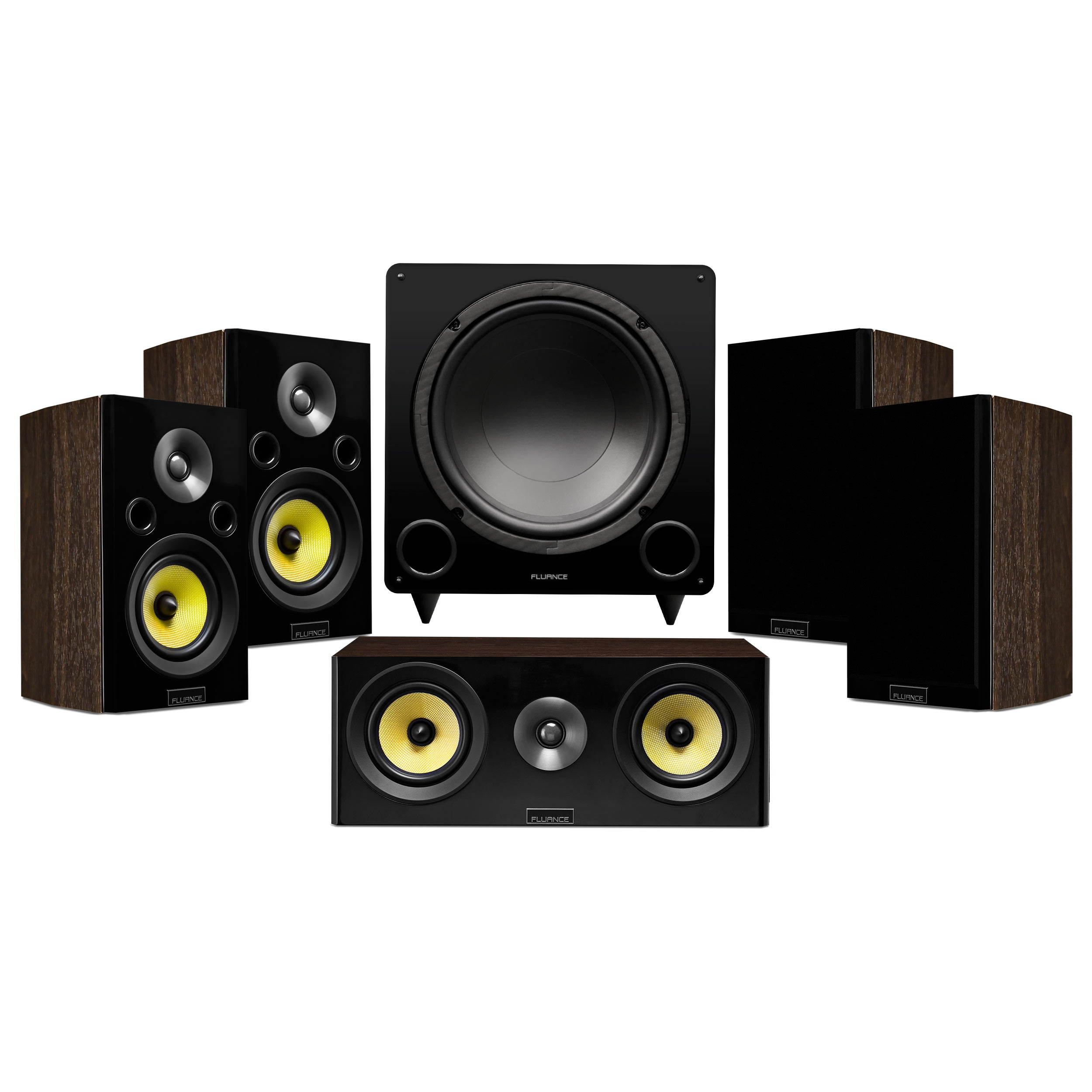 Fluance Signature HiFi Compact Surround Sound Home Theater 5.1 Channel Speaker System including 2-Way Bookshelf, Center Channel, Rear Surround Speakers and DB12 Subwoofer - Natural Walnut (HF51WC)