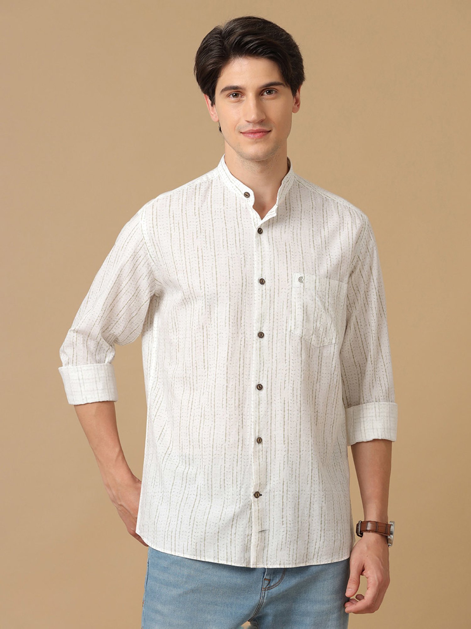 CAVALLO by Linen Club Light Grey Contemporary Fit Printed Shirt