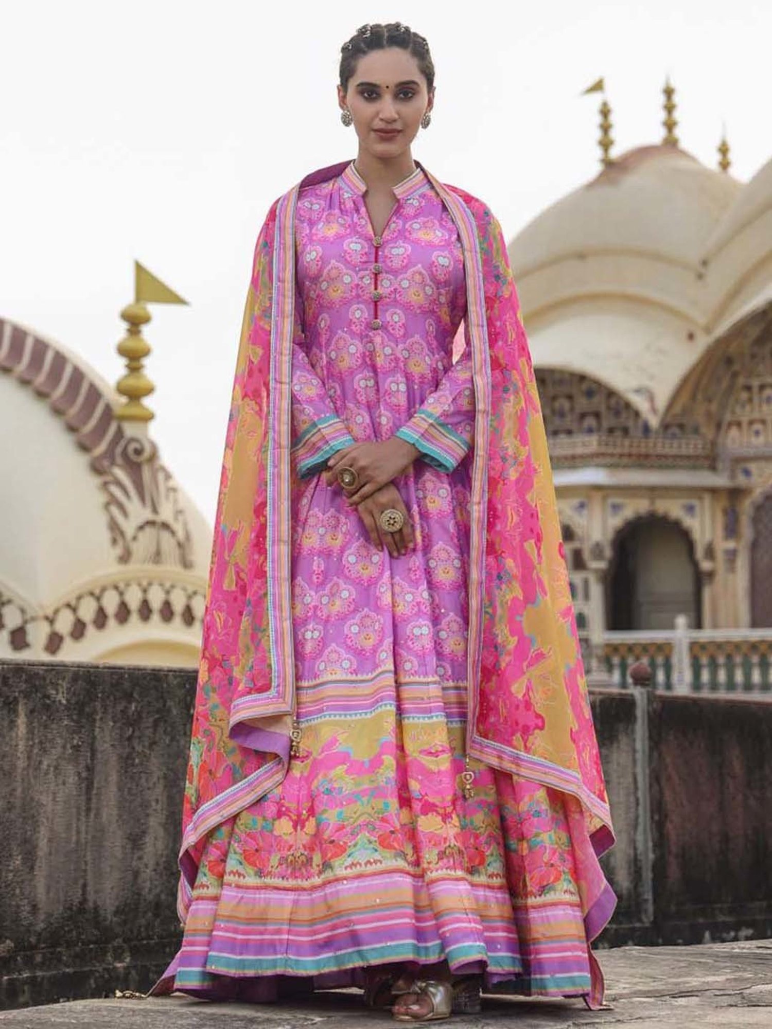 SCAKHI Purple Printed Maxi Dress With Dupatta