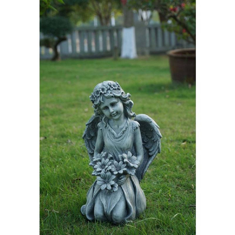 12" Polyresin Kneeling Angel Holding Flowers Outdoor Statue Gray - Hi-Line Gift