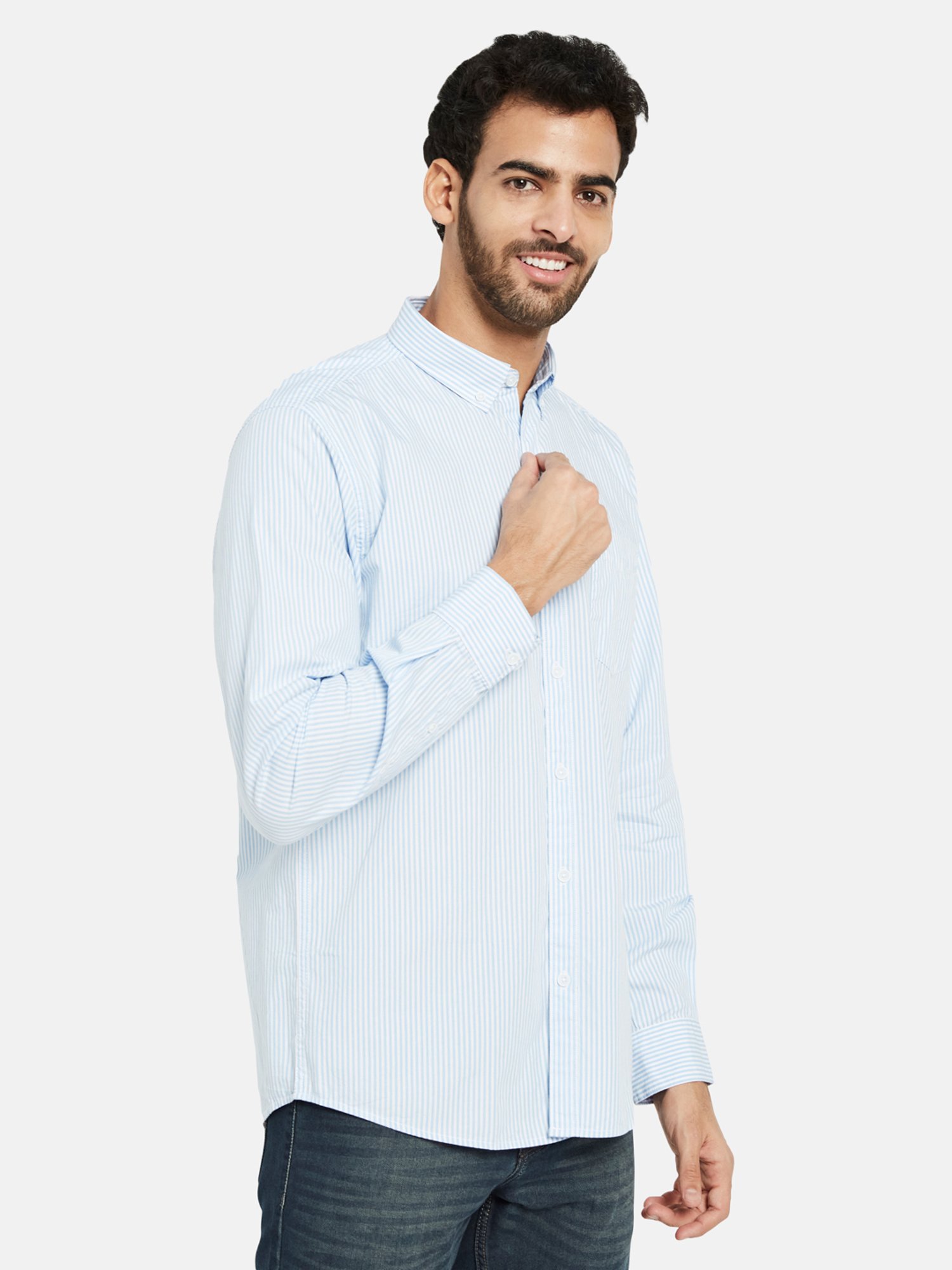 METTLE Blue Regular Fit Striped Shirt