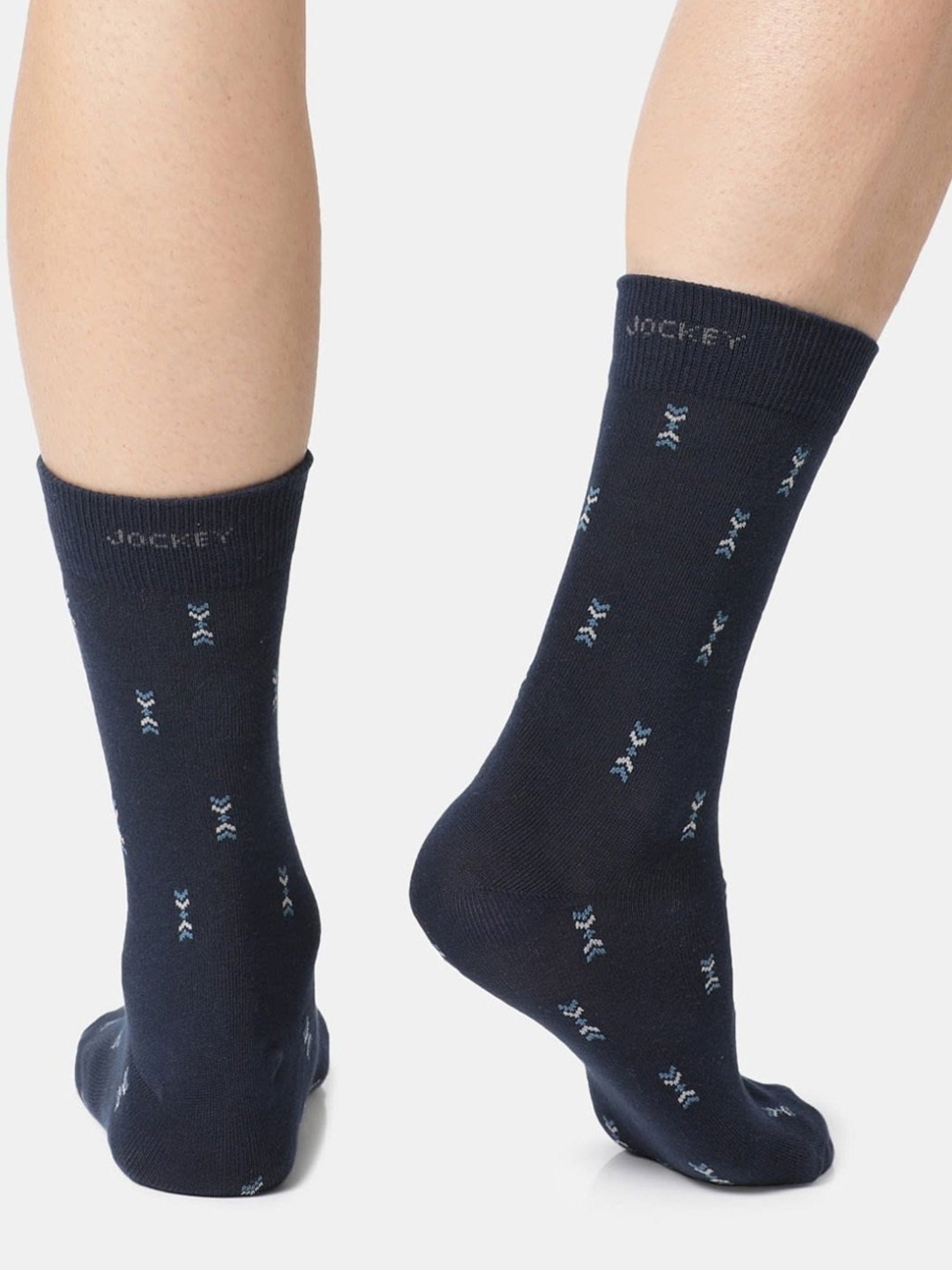 Jockey 7104 Navy Cotton Crew Length Socks with Stay Fresh Treatment - Pack of 3 (Prints May Vary)