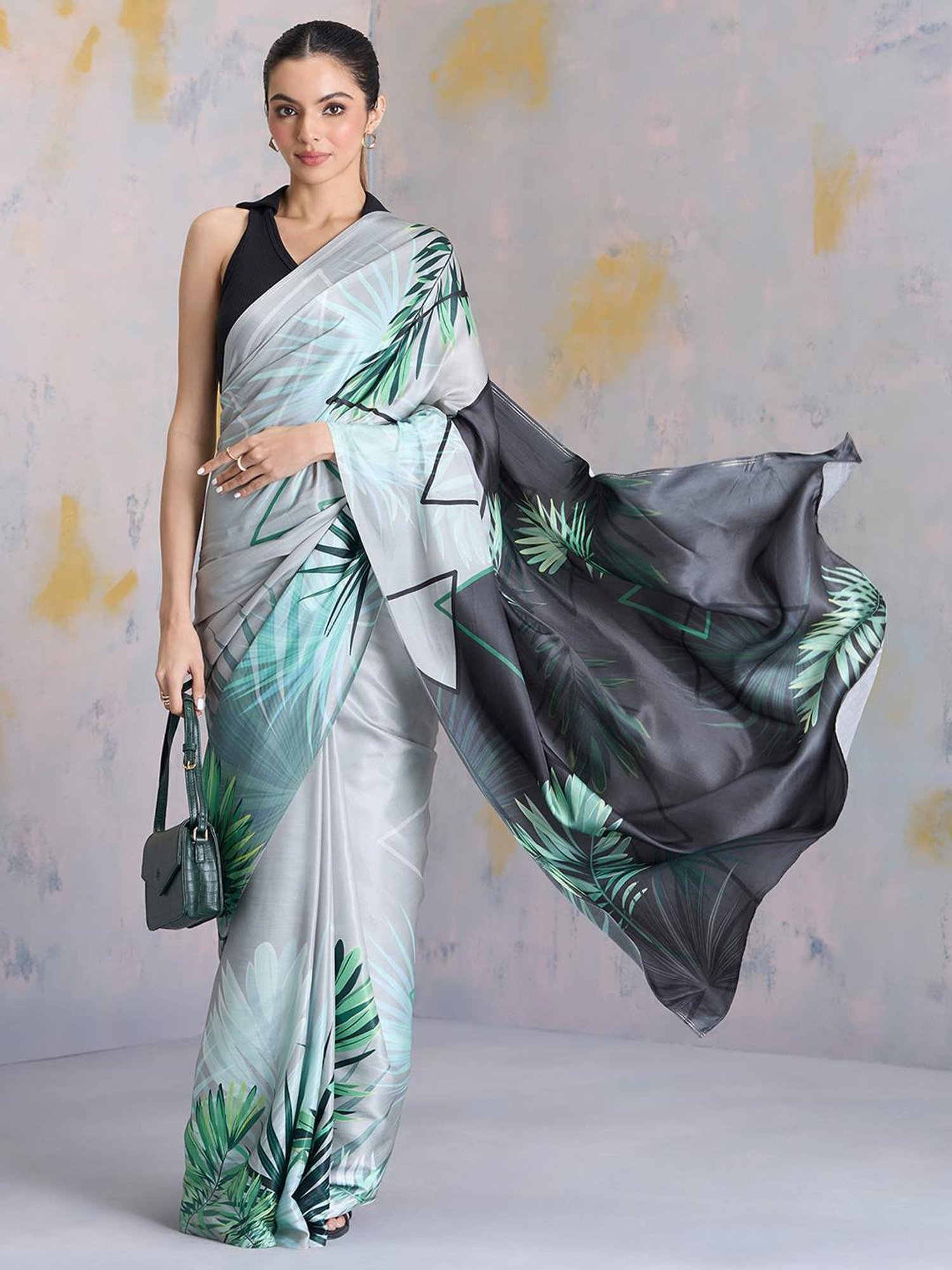 navyasa by liva Grey & Green Printed Saree With Unstitched Blouse
