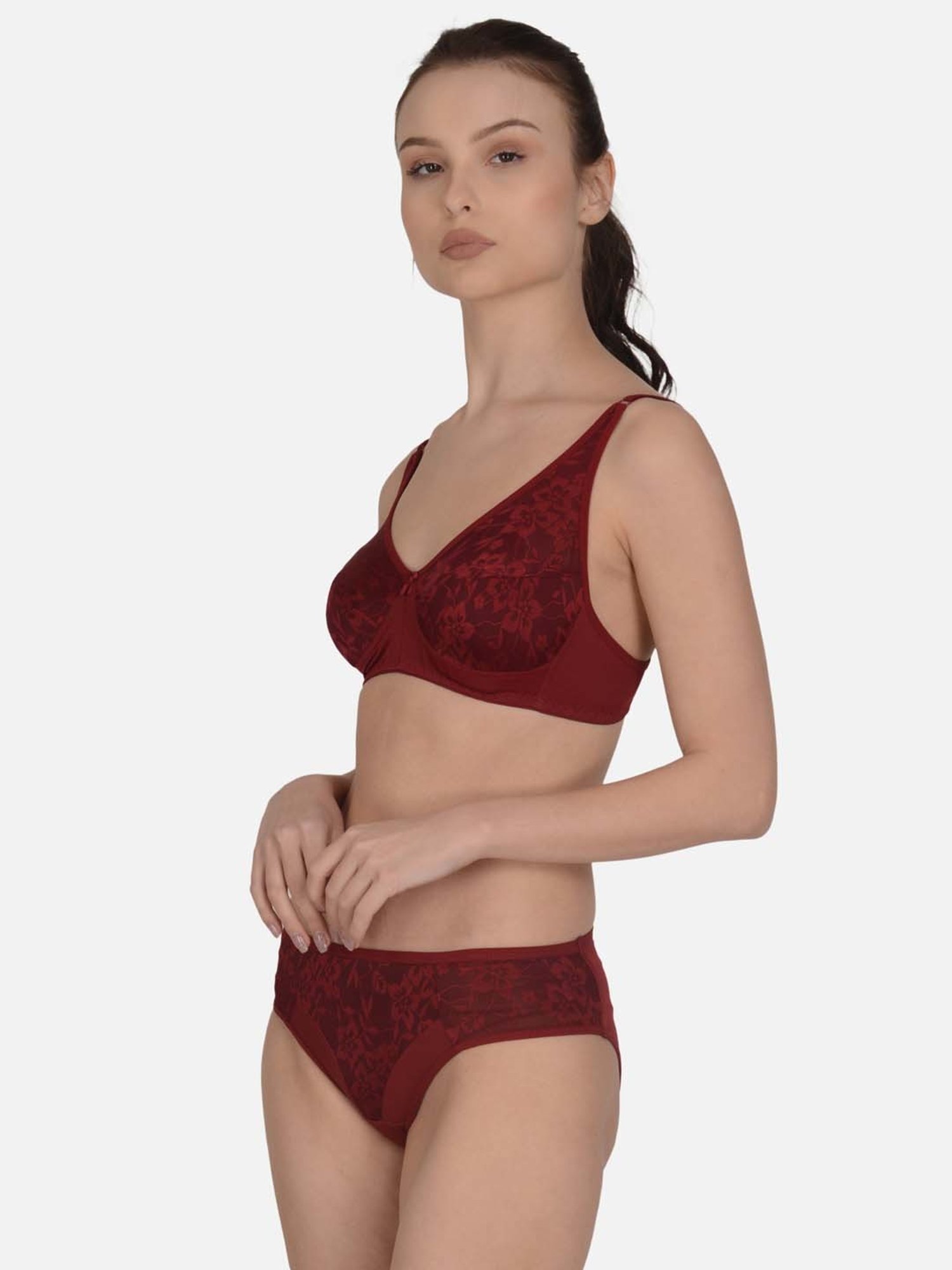 mod & shy Maroon Self Pattern Non-Padded Lingerie Set