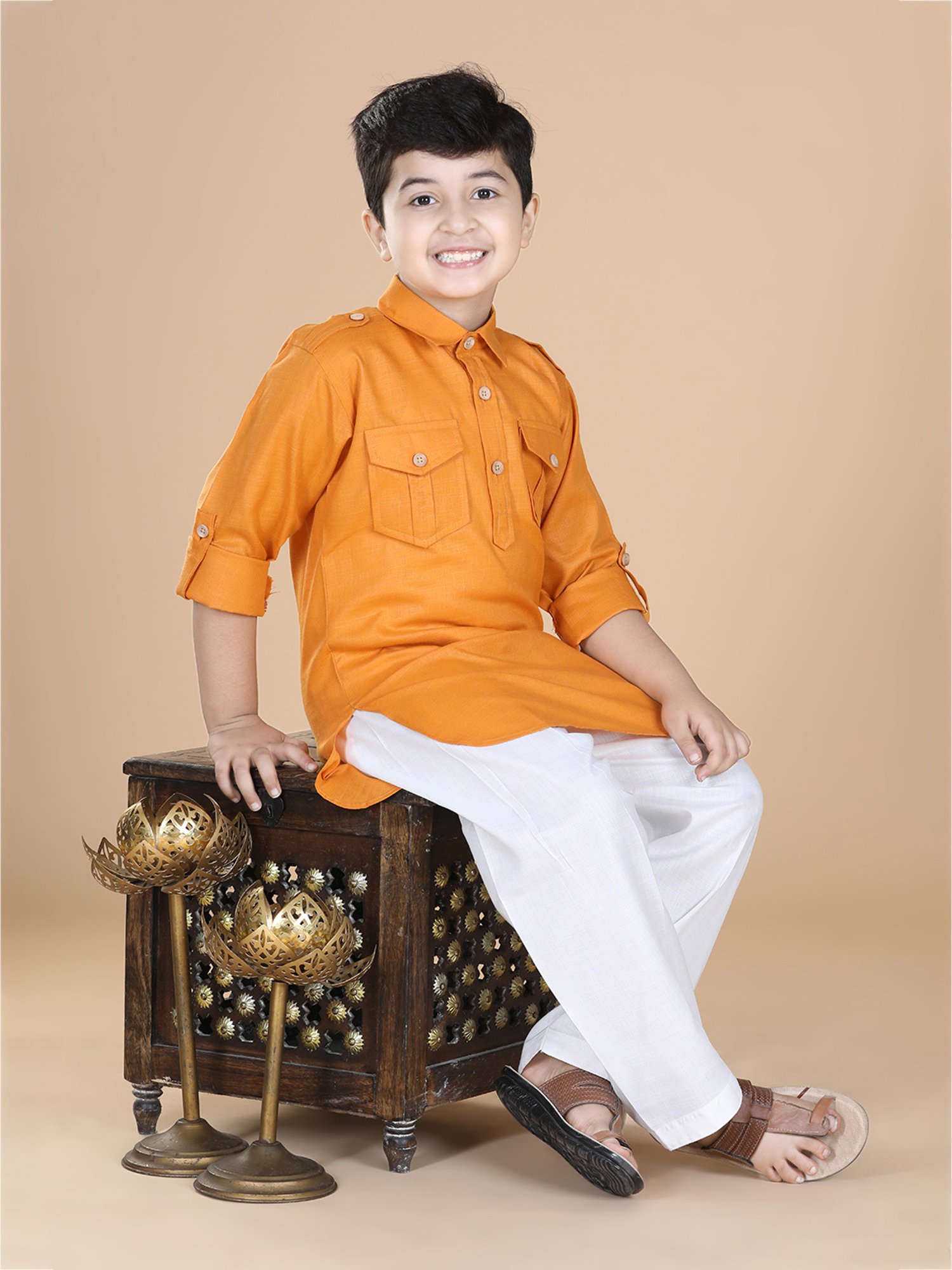 AJ Dezines Kids Mustard & White Solid Full Sleeves Kurta with Salwar