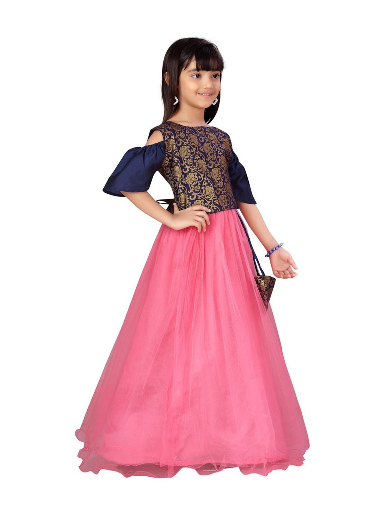 Aarika Kids Navy & Pink Floral Print Lehenga Cholis