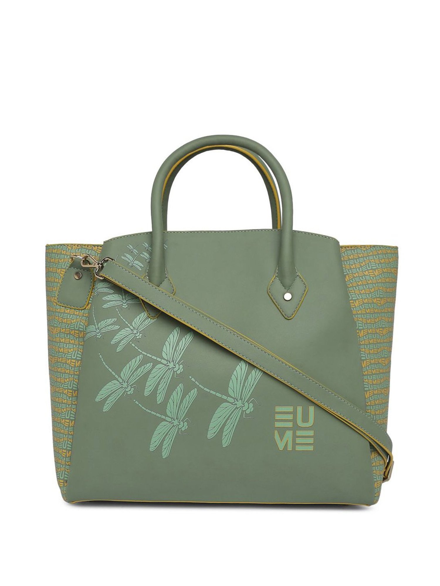 Eume Dragonfly Basil Green Leather Printed Handbag