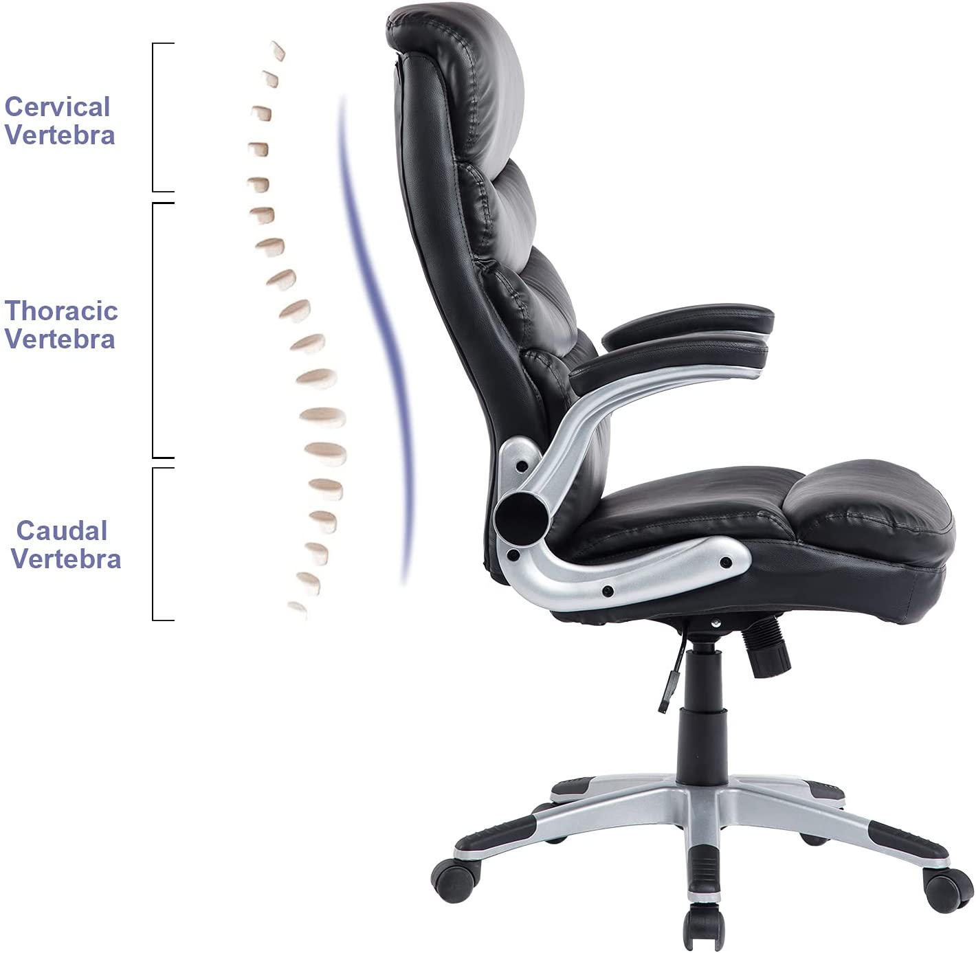 Executive Office Chair Ergonomic Leather Desk Chair with Flip-up Arms Double Padded Seat Cushion and Adjustable Tilt Angle Lumbar Support Office Chair for Home Office Work
