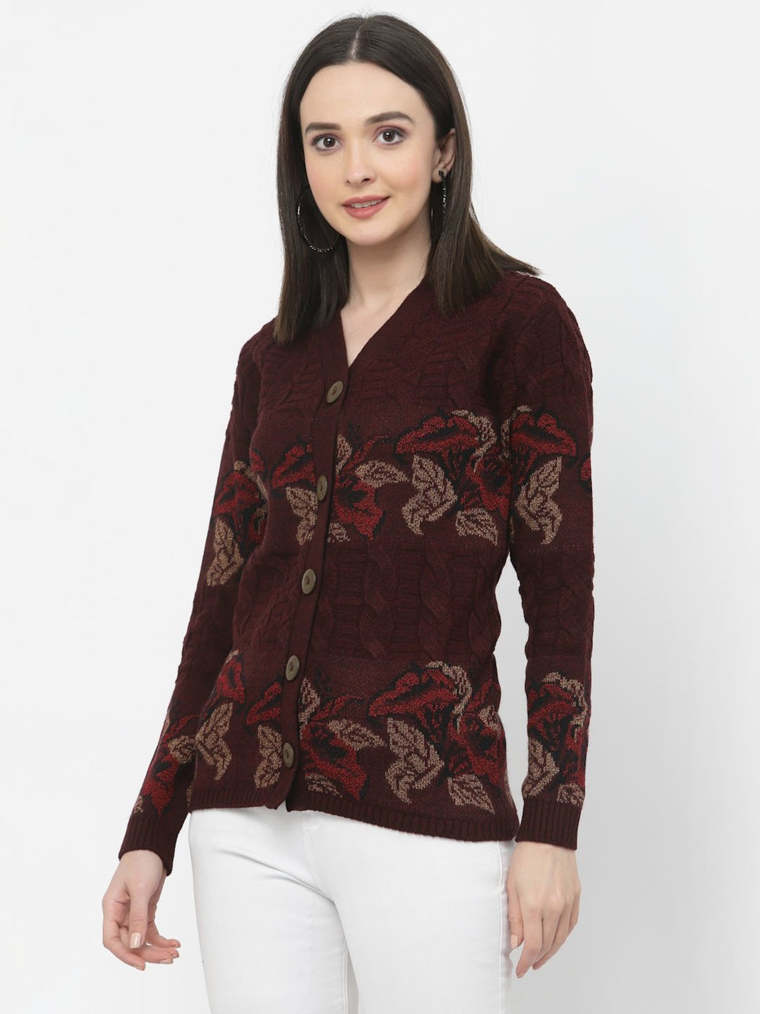 Kalt Maroon Printed Cardigan