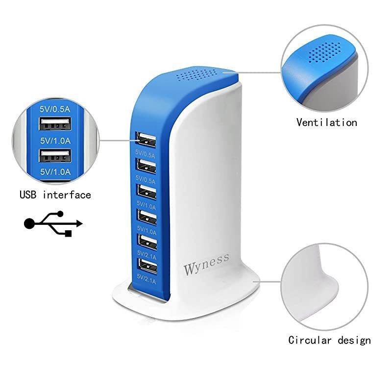 Tower Power Adapter 6Port Smart IC Tech Charging Station with Quick Charge 21 for Phone Tablets and More Blue