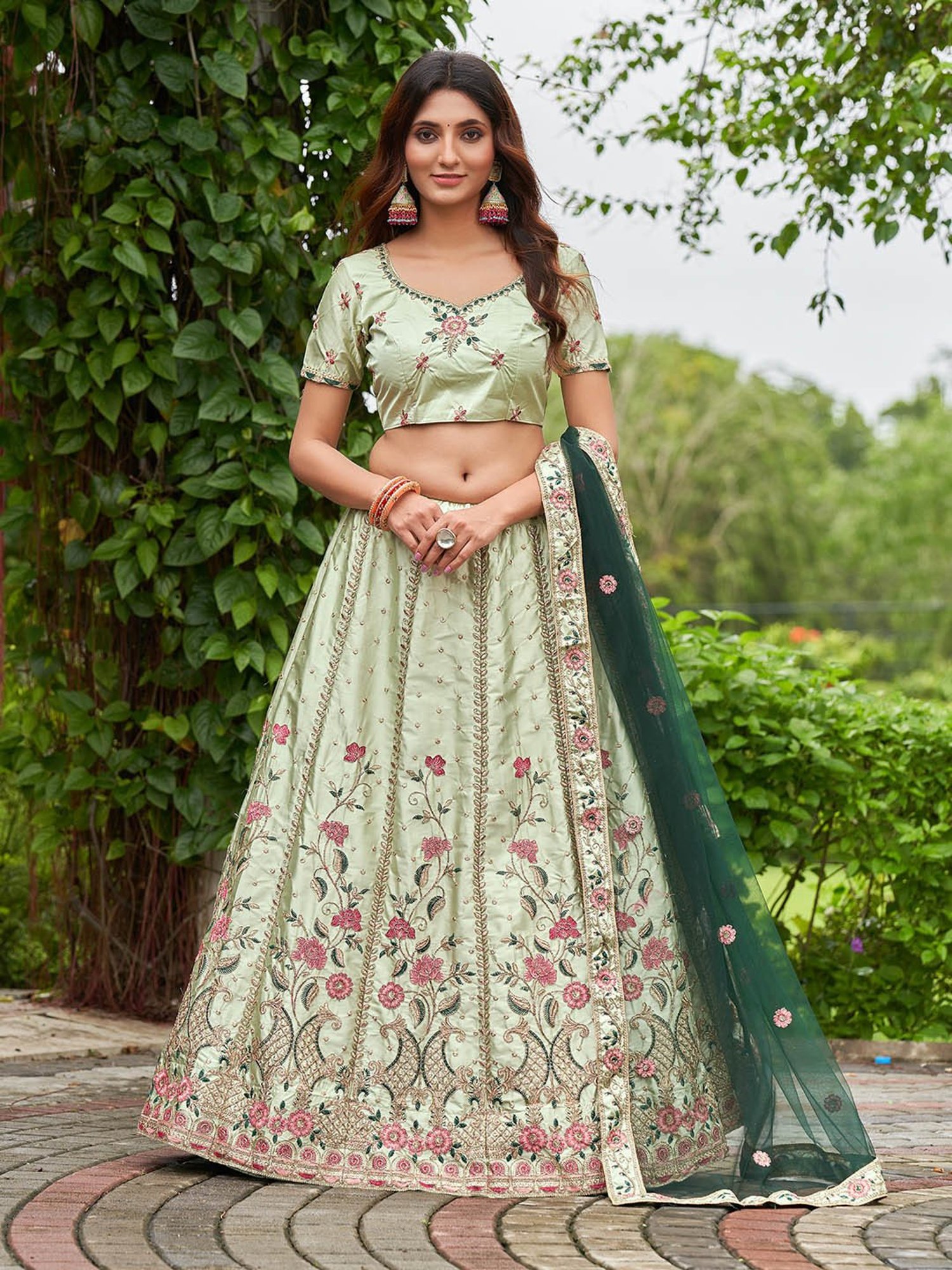 Warthy Ent Pista Green Floral Print Lehenga Choli Set With Dupatta