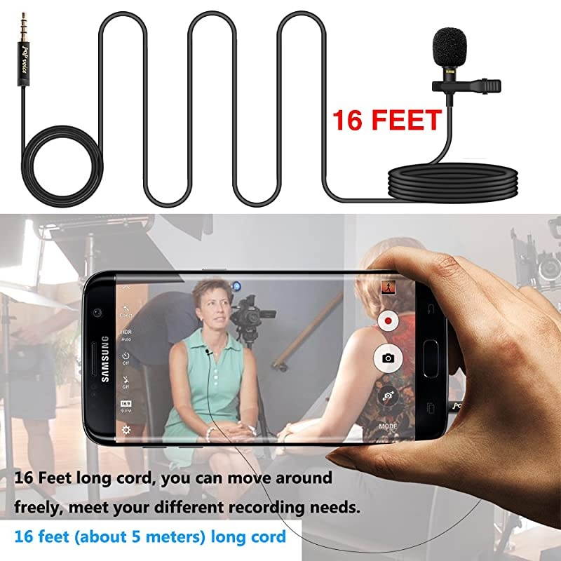16 Feet Single Head Lavalier Lapel Microphone Omnidirectional Condenser Mic for Apple iPhone Android Windows Smartphones Youtube Interview Studio Video Recording Noise Cancelling Mic
