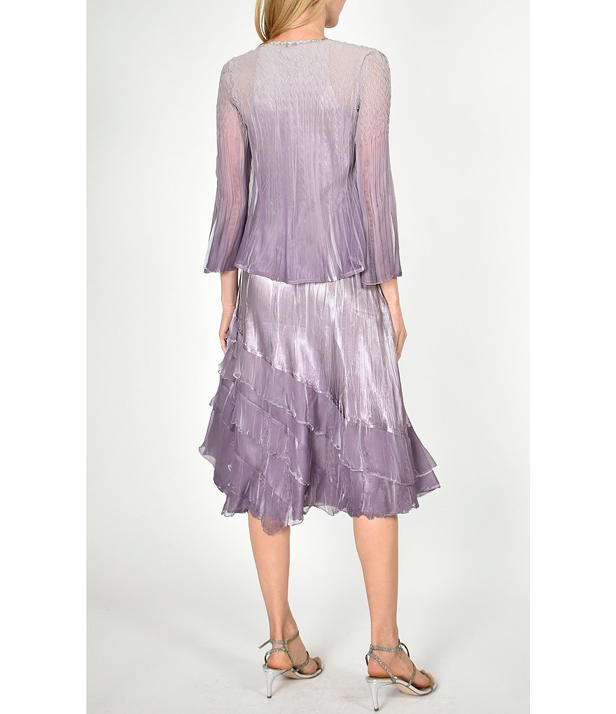 Komarov Beaded Neckline Ombre Chiffon Shiny Satin Charmeuse Crinkle Jacket Dress