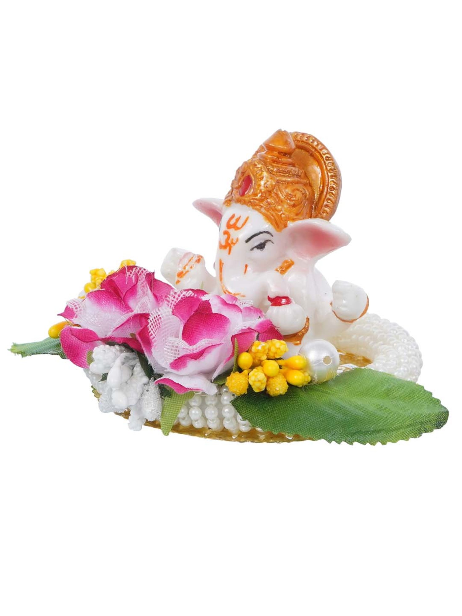 eCraftIndia Lord Ganesha Idol on Decorative Handcrafted Plate with Colorful Flowers and Leaf