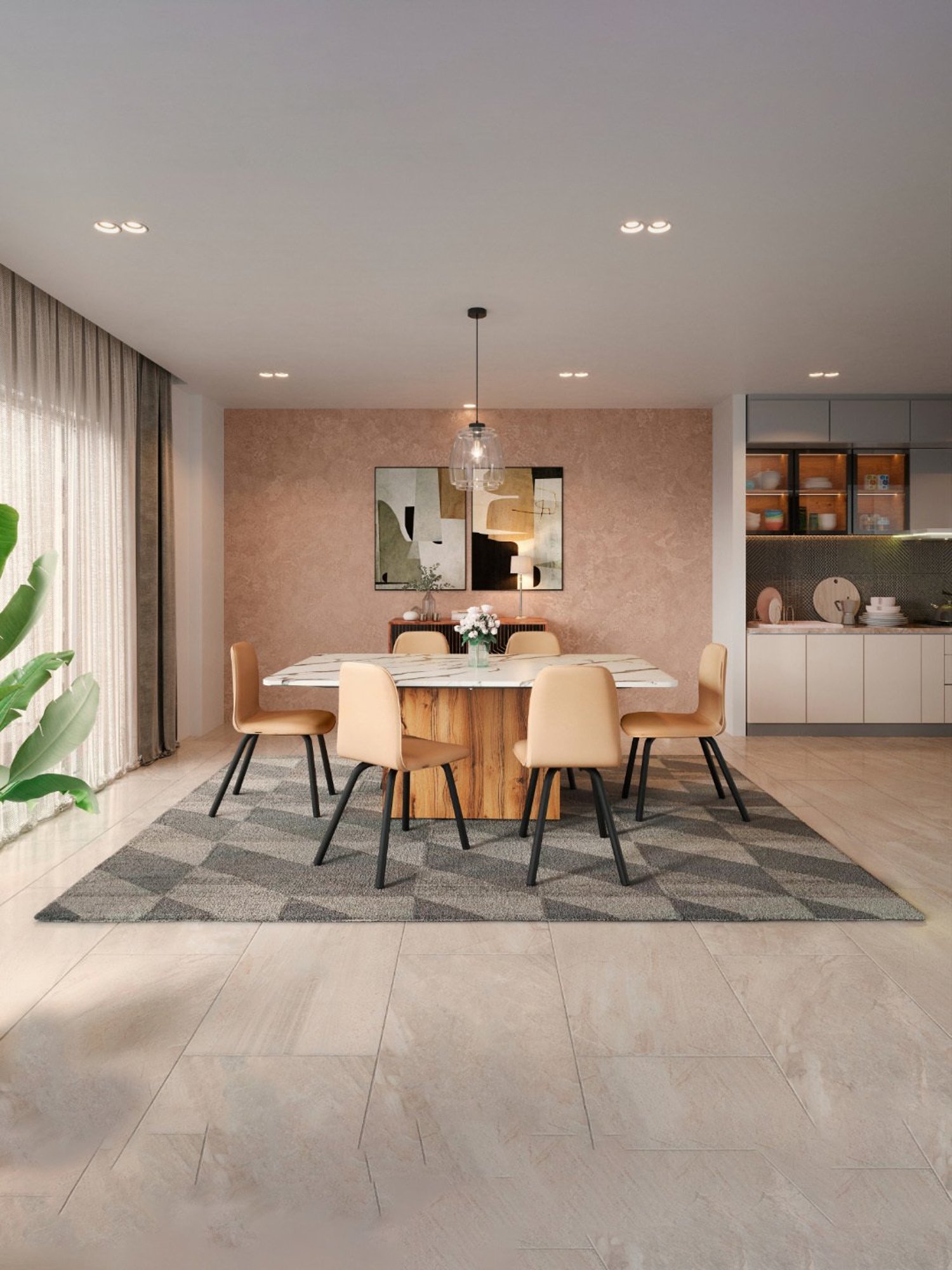 Godrej Interio Pedestal Brown & White Engineered Wood 6 Seater Rectangular Dining Table