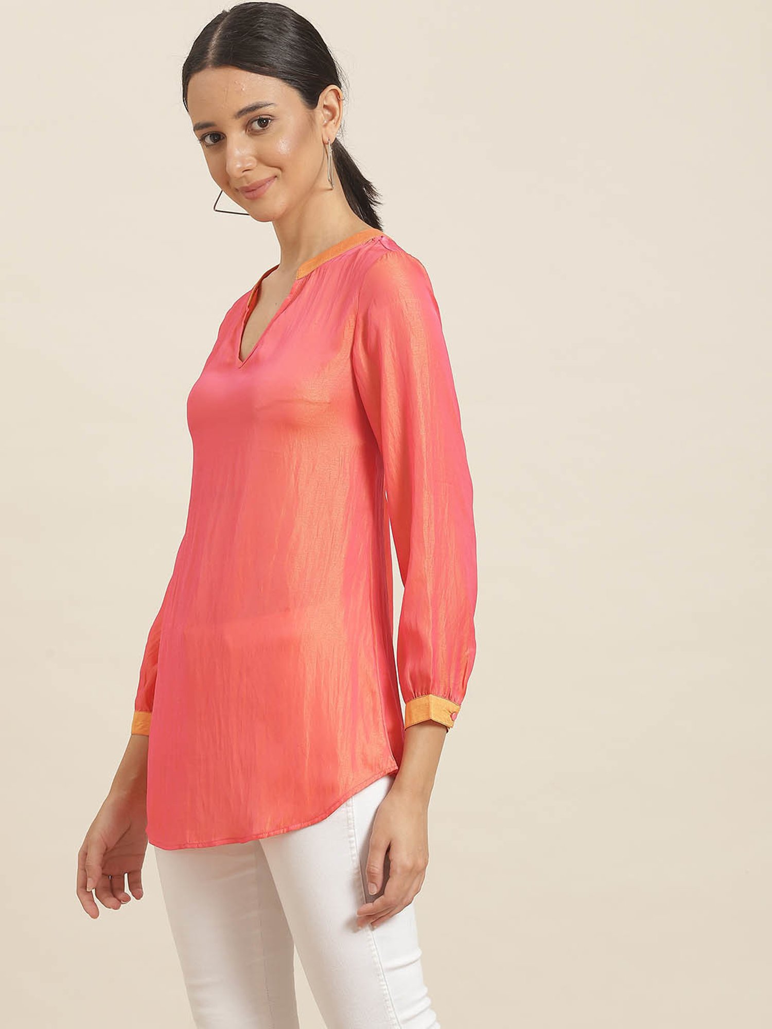 Qurvii Orange Silk Regular Fit Top