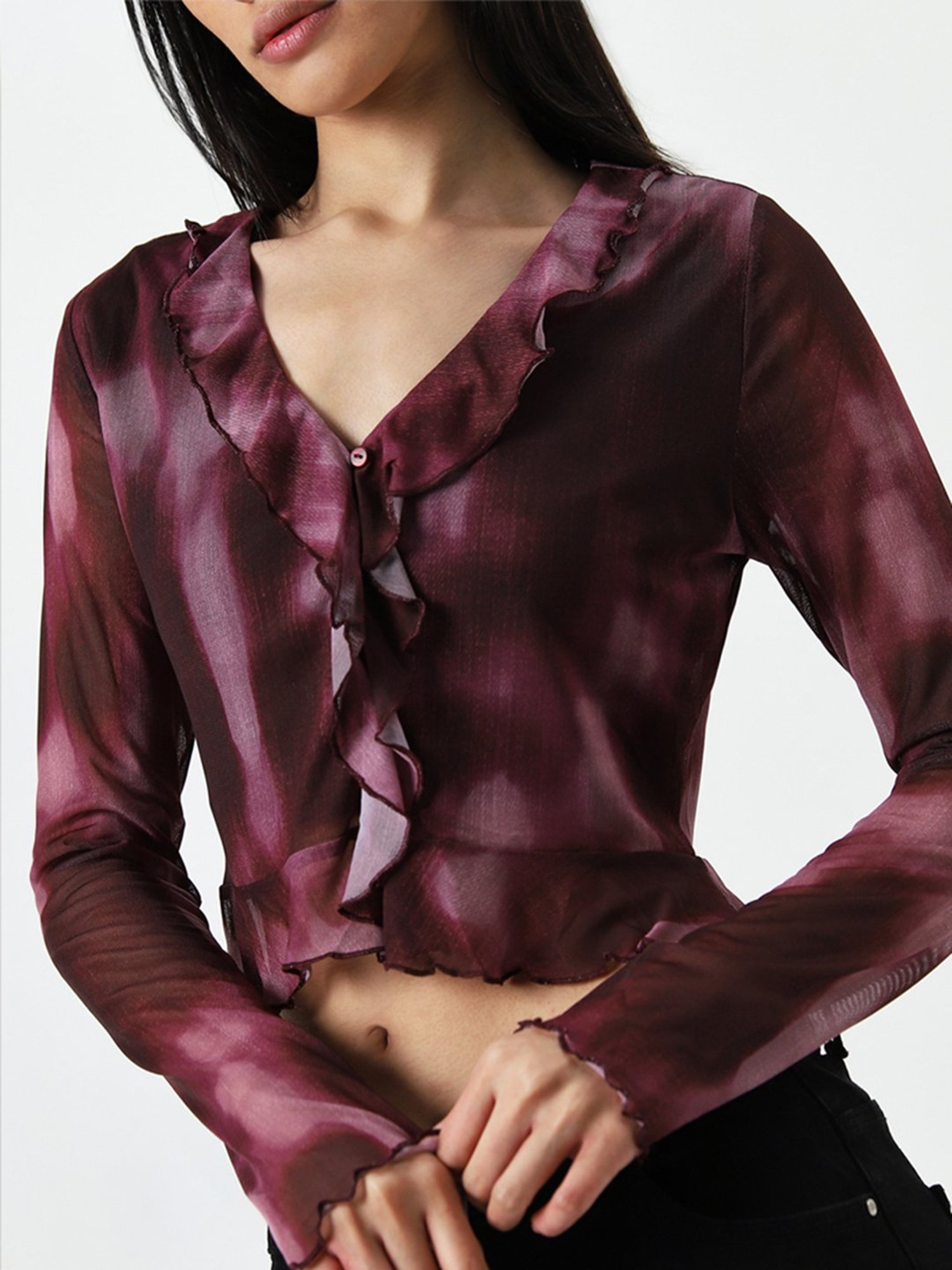 Nuon by Westside Wine Ruffled Mesh Top