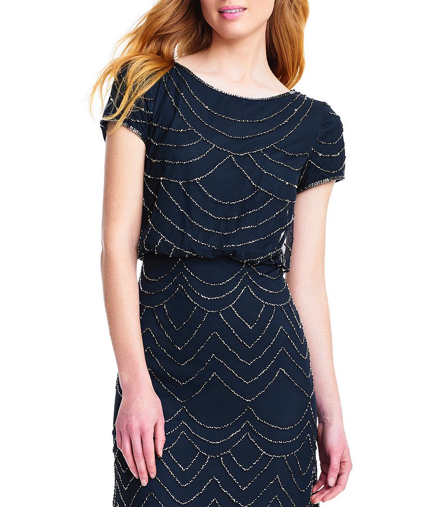 Adrianna Papell Beaded Short Sleeve Blouson Gown