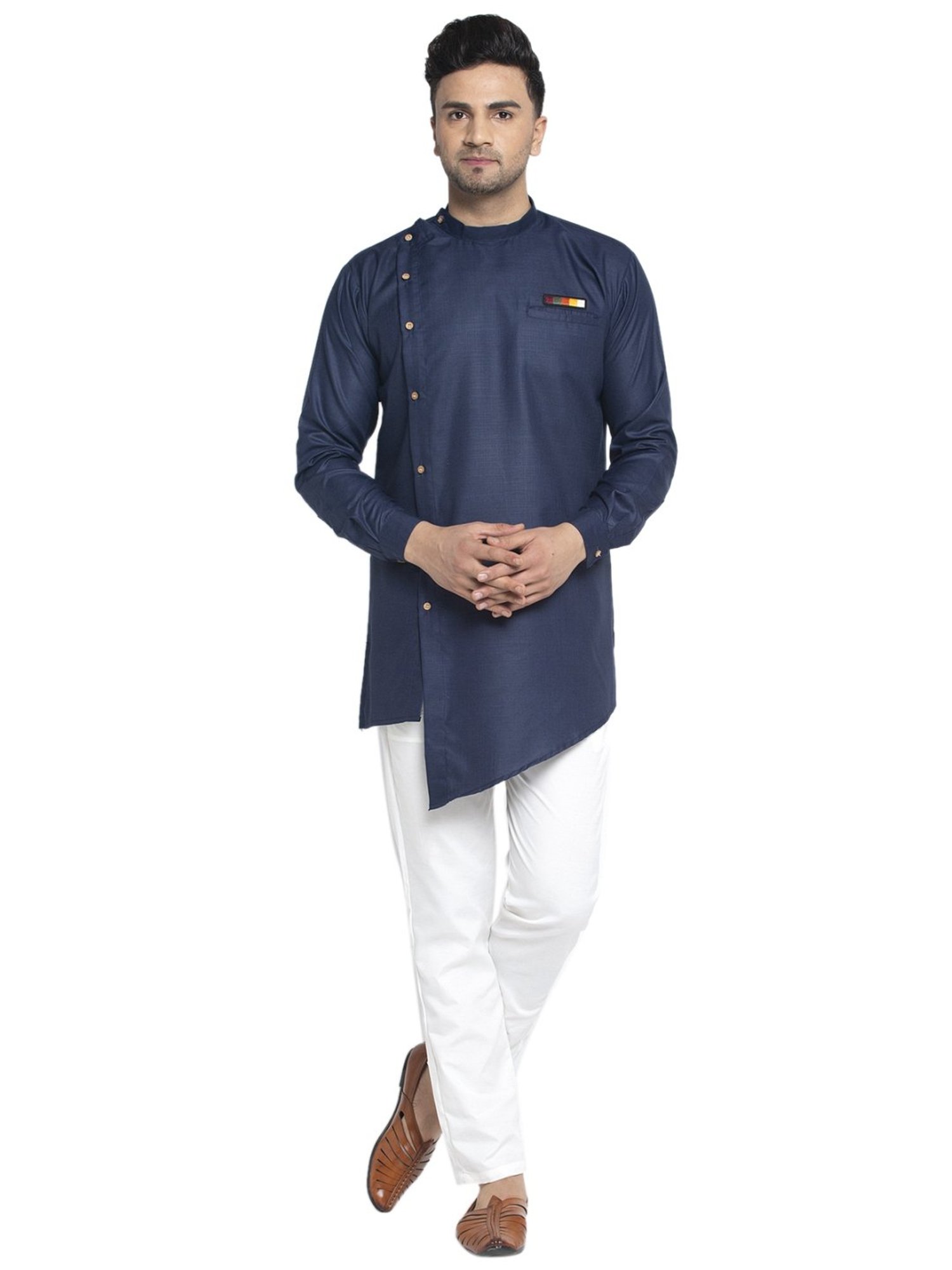 Benstoke Navy Blue & White Cotton Regular Fit Kurta Set