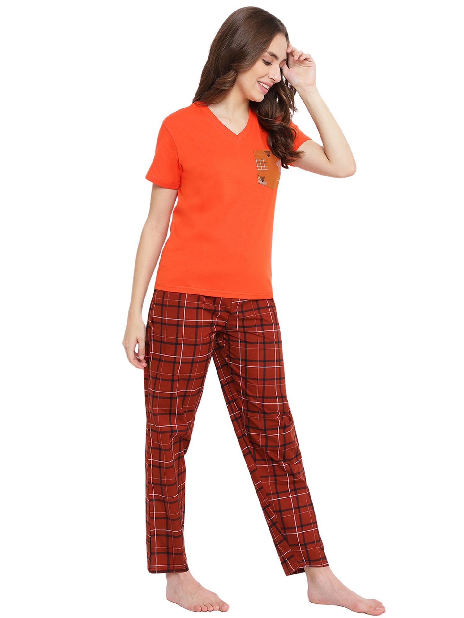 La Intimo Orange & Marron Check T-Shirt With Pyjamas