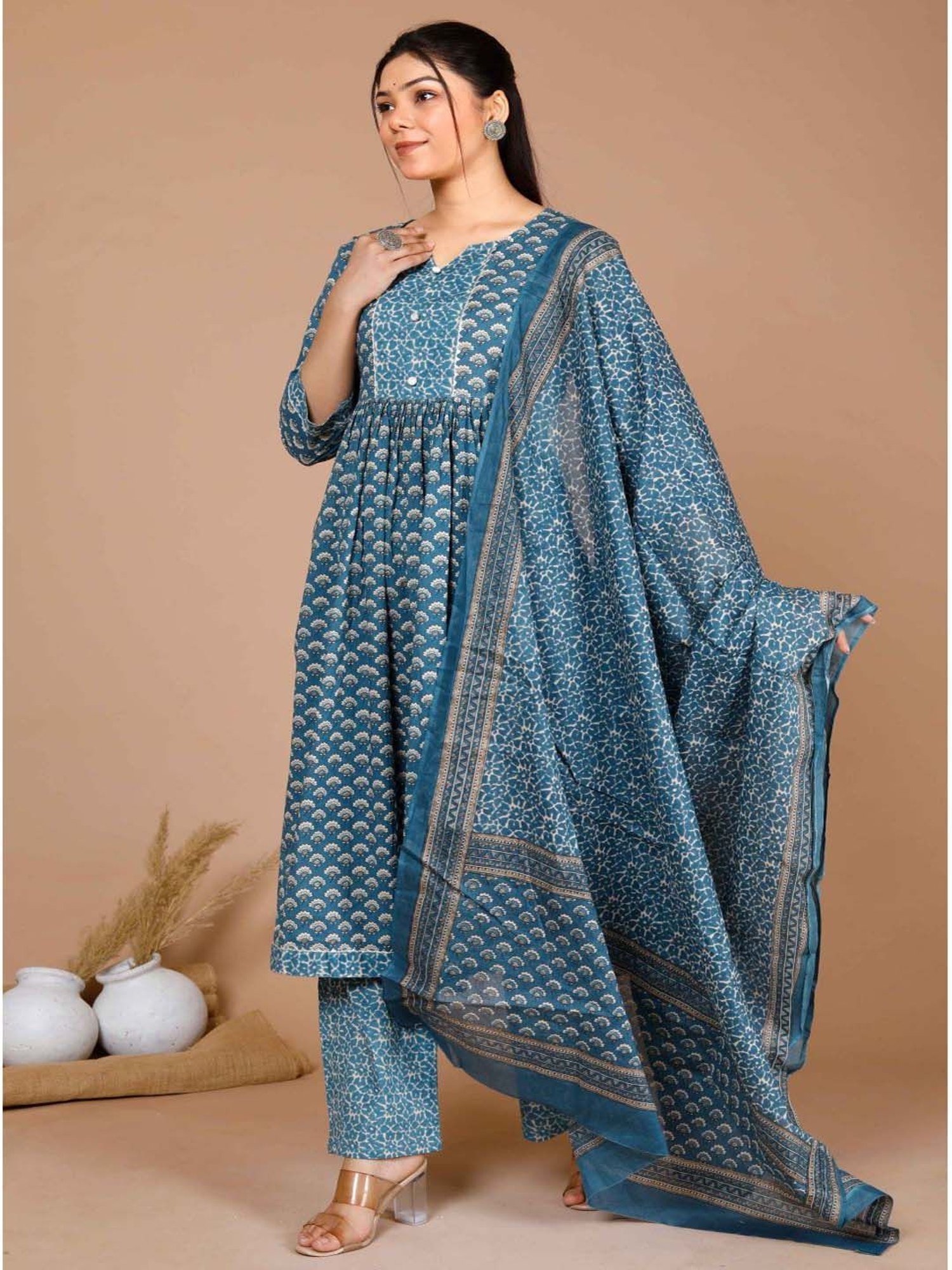 Miravan Blue Cotton Printed Kurta Pant Set With Dupatta