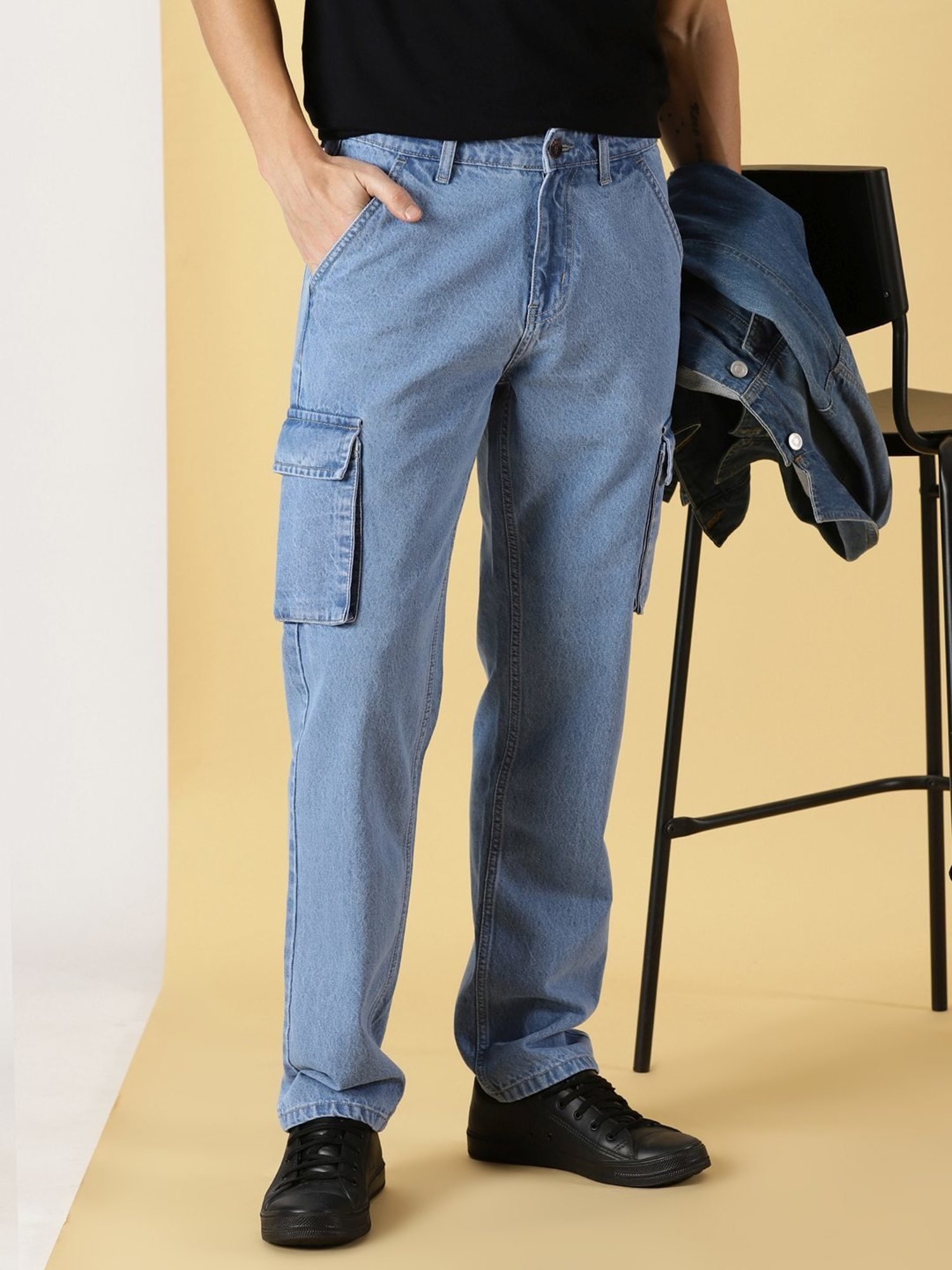 Thomas Scott Light Blue Cotton Relaxed Fit Cargo Jeans