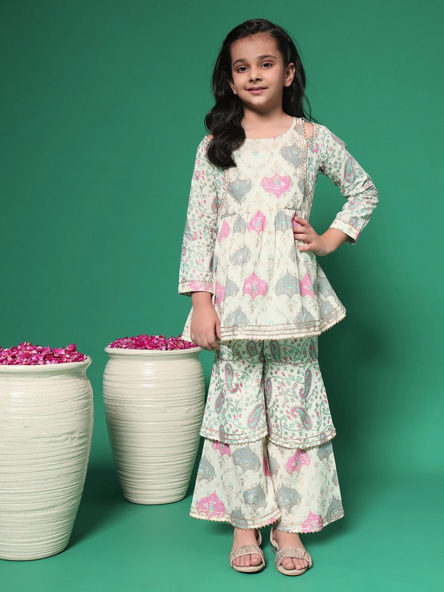 READIPRINT FASHIONS Kids Cream & Grey Printed Kurti with Gharara