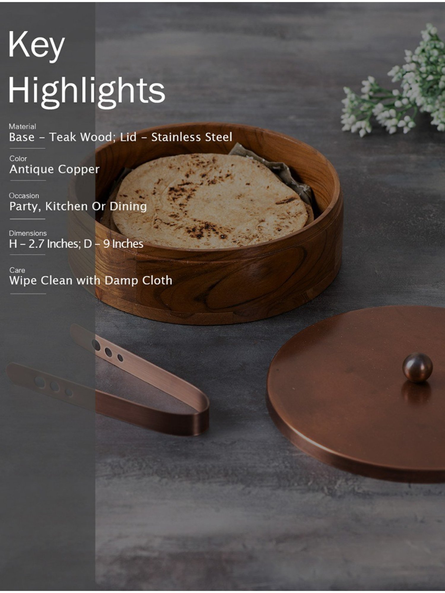 Nestroots Chapati Box Wooden Casserole Box Food Warmer Hotcase Hotpot Roti Box with Copper Tong