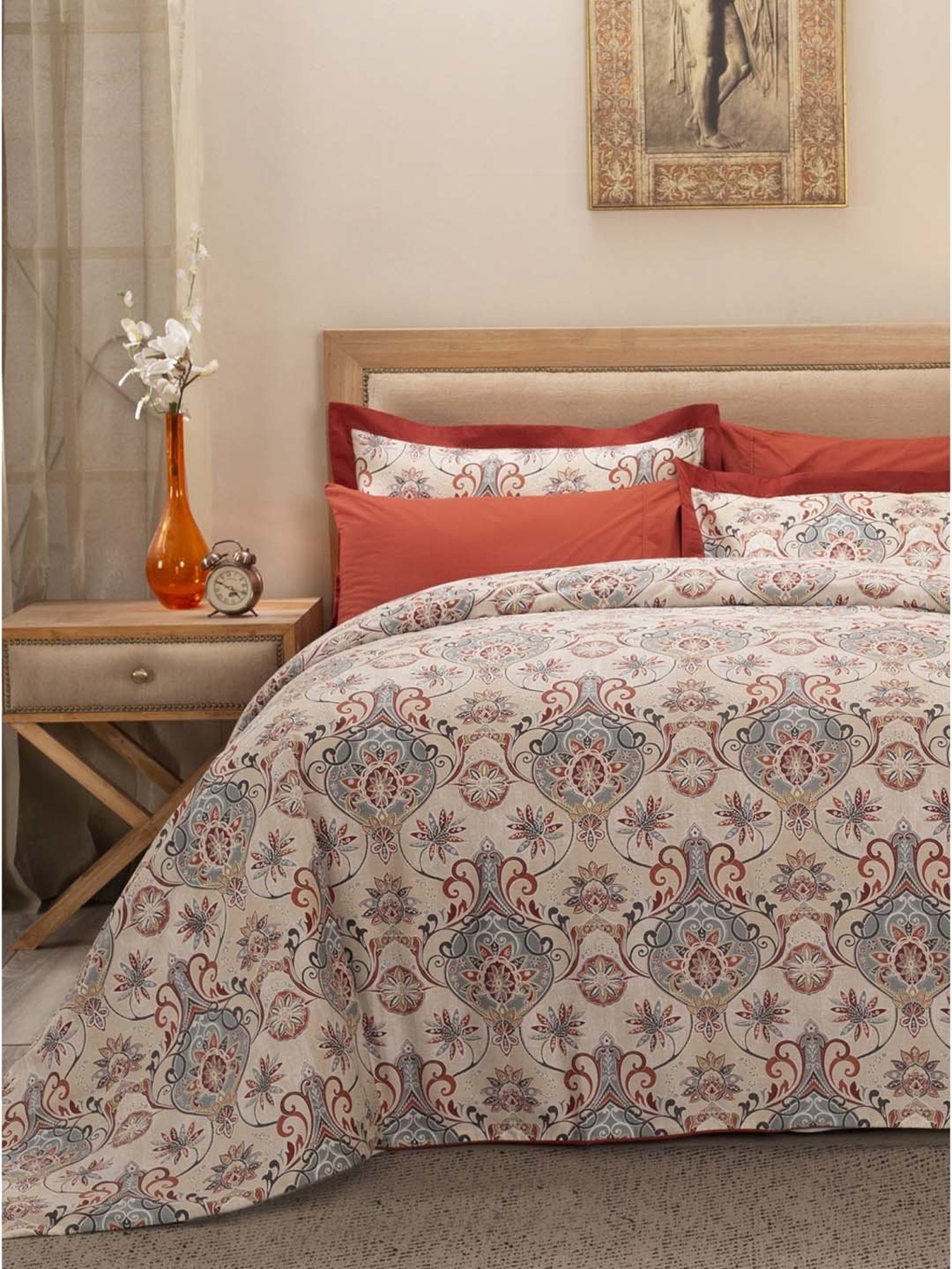 Maspar Hues Nouveau Tradition Lawn Rerun Red Cotton 300 TC King Duvet Cover & 2 Pillow Covers