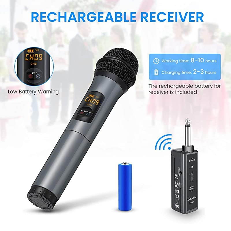 Microphone, 10 Channel UHF Bluetooth Microphone System, Dynamic Handheld Cordless Mic with Rechargeable Receiver(Work 10hrs) for Karaoke/Singing/Speaker/Church/Speech (100ft Range)