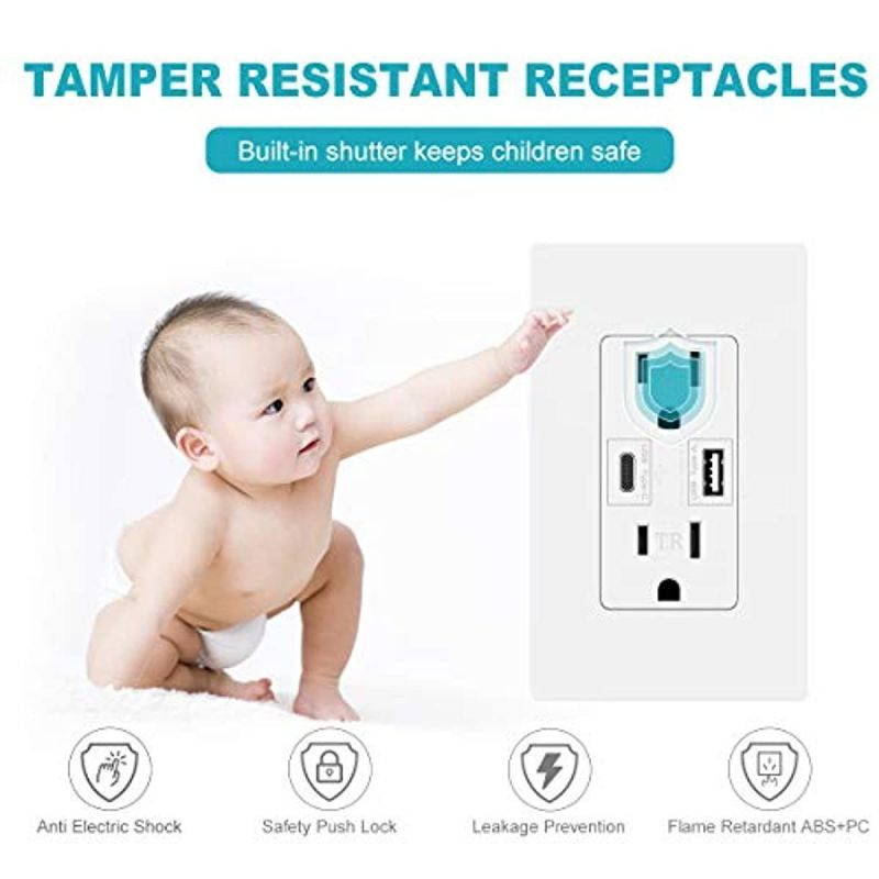 USB C outlet PD Power Delivery Duplex Receptacle 4.8A, Duplex Receptacle In-Wall Charger with 15 Amp, 125 Volt Tamper-Resistant Outlet, White Not for laptops (USB c PD 1pack)
