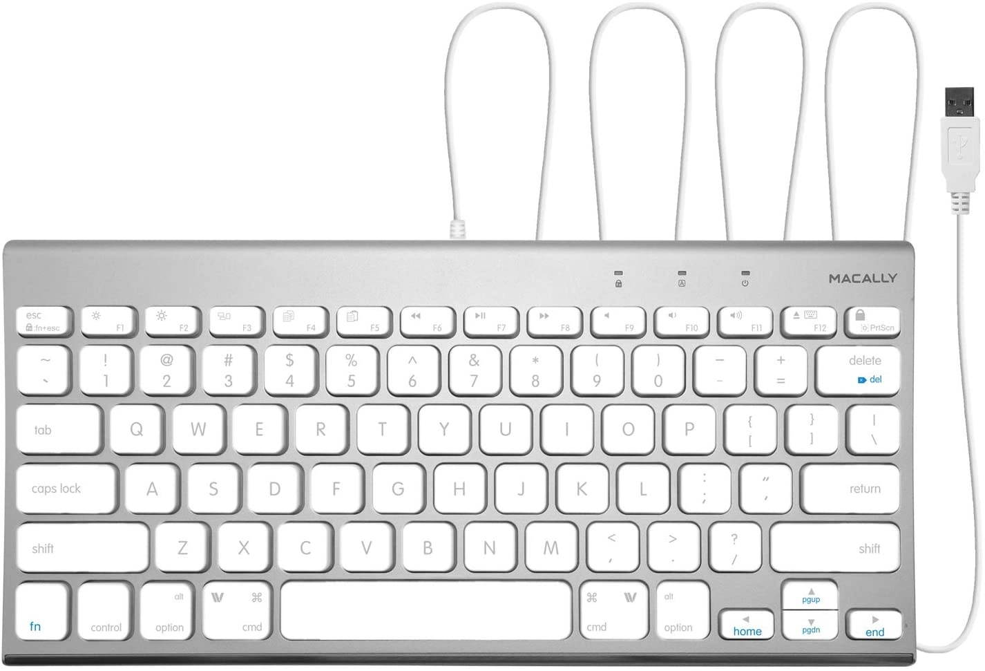 Macally USB Wired Keyboard for Mac and PC - Space Saving Compatible Apple Keyboard with Elegant Small Aluminum Design with 78 Keys, 13 Shortcuts, and LED Indicators - Travel Friendly Portable Keyboard
