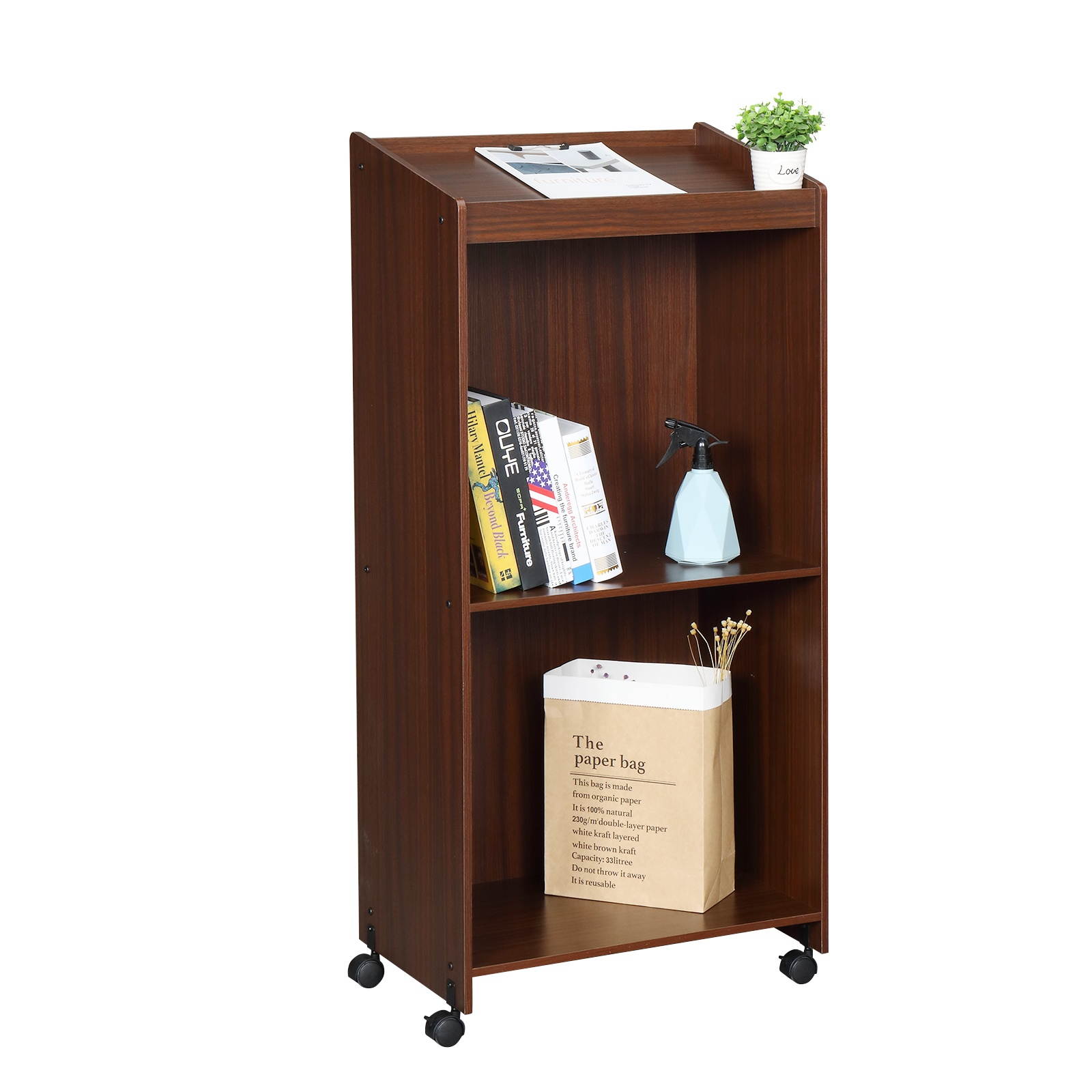 (Ship from US!!!) Wooden Podium Stand, Rolling Lectern Desk with Casters and 2 Shelf Open Cabinets, Mobile Stand-up Speaking Table Portable Walnut Storage Shelves for Church School Classroom Office