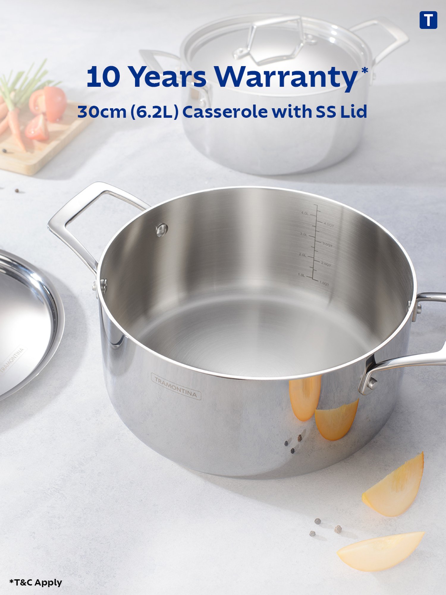 Tramontina Aeion Triply Non-Toxic Stainless Steel Casserole with Lid 30cm/6.2L NSF Certified